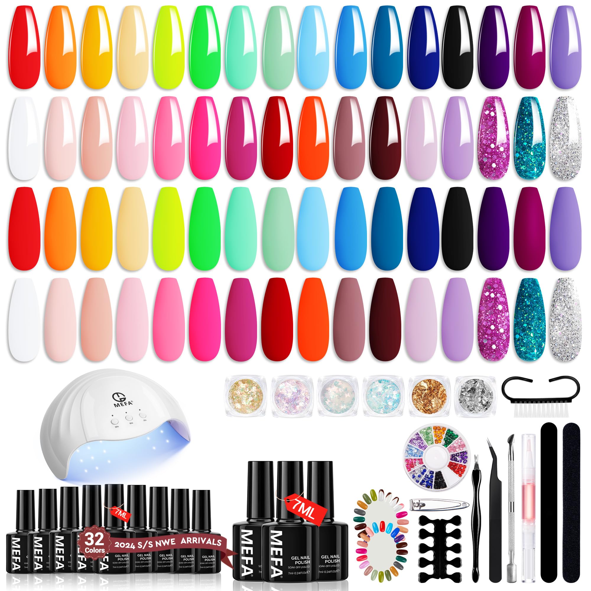 MEFA 54 Pcs Gel Nail Polish Kit with U V Light, 32 Colors Bright Neon Spring Summer Pink Gel Polish Nail Set Essential Manicure Tools Nails Gifts