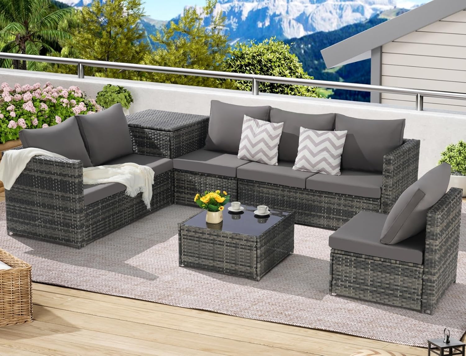 KEIKI 6Pcs Outdoor Patio Sectional Couch Sofa Conversation Furniture Sets with Chair, Storage Corner Cabinet, Glass Top Coffee Table & Cushion, Wicker Woven Seating for Backyard Lawn