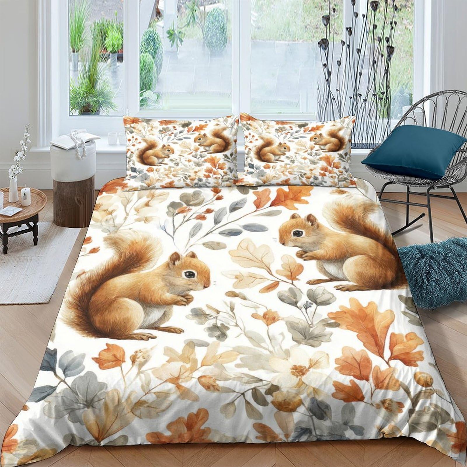 Ctjqhvkz Style-1 3D Printed Squirrel Forest Fitted Sheet Microfiber Soft Autumn Leaves Mattress Cover For Bedroom Guest Room Decor Single（135X200cm）