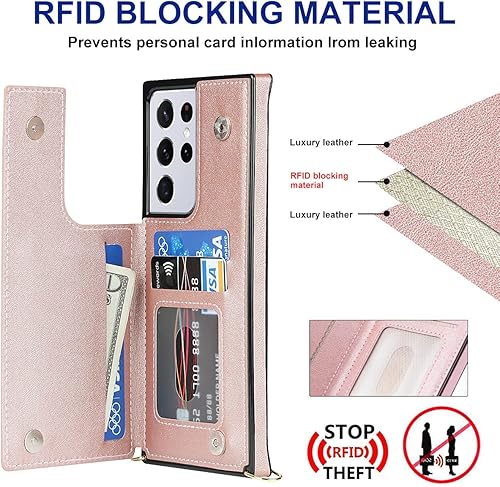 Miniatura 2 de UEEBAI Funda tipo cartera cruzada para Samsung Galaxy S23 Ultra 5G, soporte para tarjetas, bloqueo RFID, cierre magnético, oro rosa