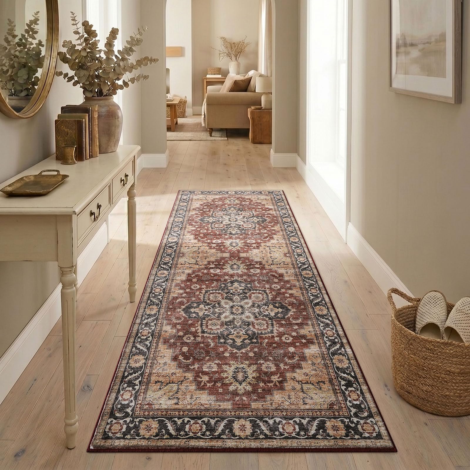 Homaxy Vintage Runner Rugs for Hallway Washable Anti Slip Rug Low Pile Boho Lounge Carpet for Bedroom, Nursery, Kitchen - 60 x 180 cm, Retro Red/Brown — image 1