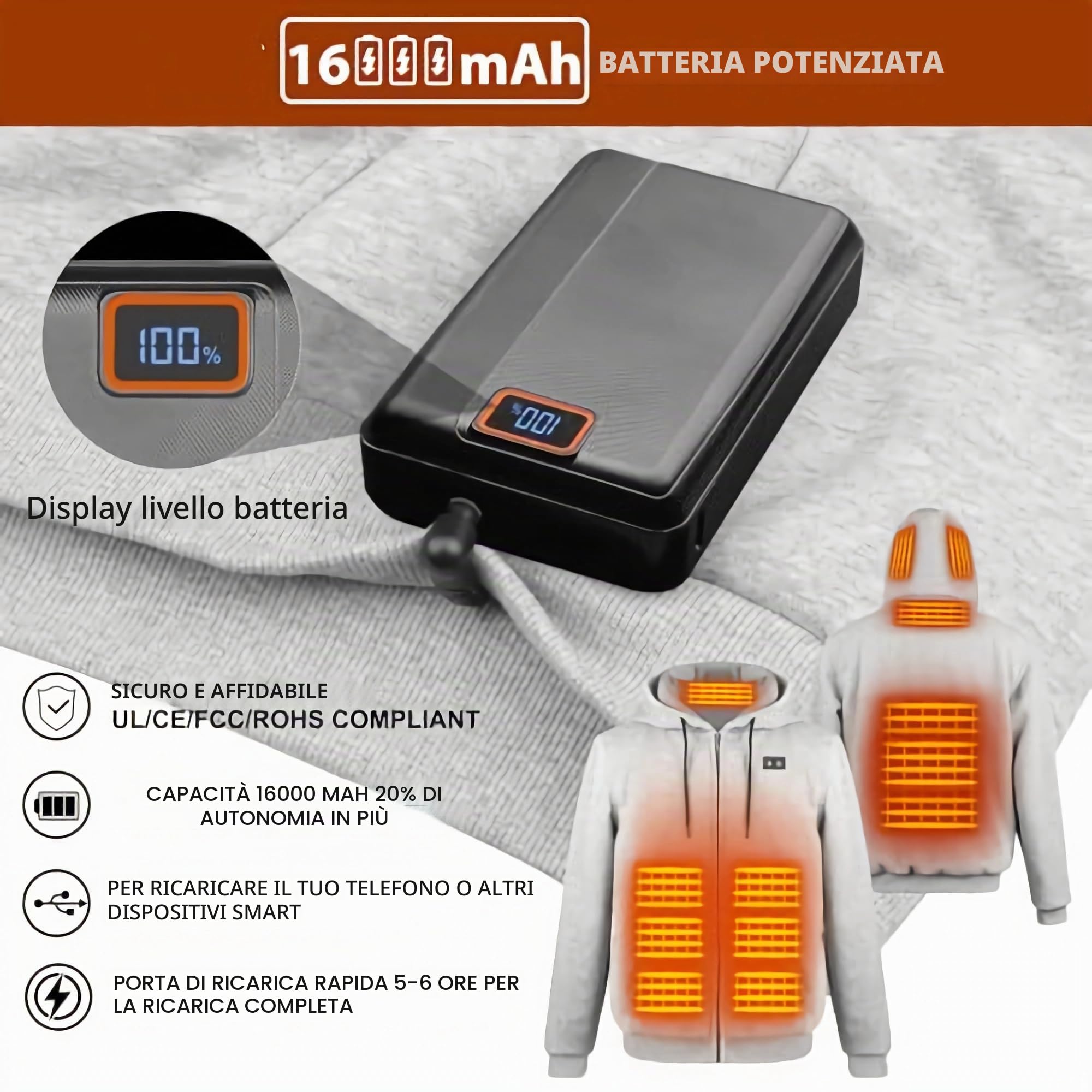 Felpa con Cappuccio Riscaldata Giacca con Cappuccio Riscaldante con e in Pile per Uomo e Donna - Giacca Termica Intelligente 6 Zone, 3 Livelli di Calore - Batteria 7.4V 16000mAh per Outdoor, Campeggio
