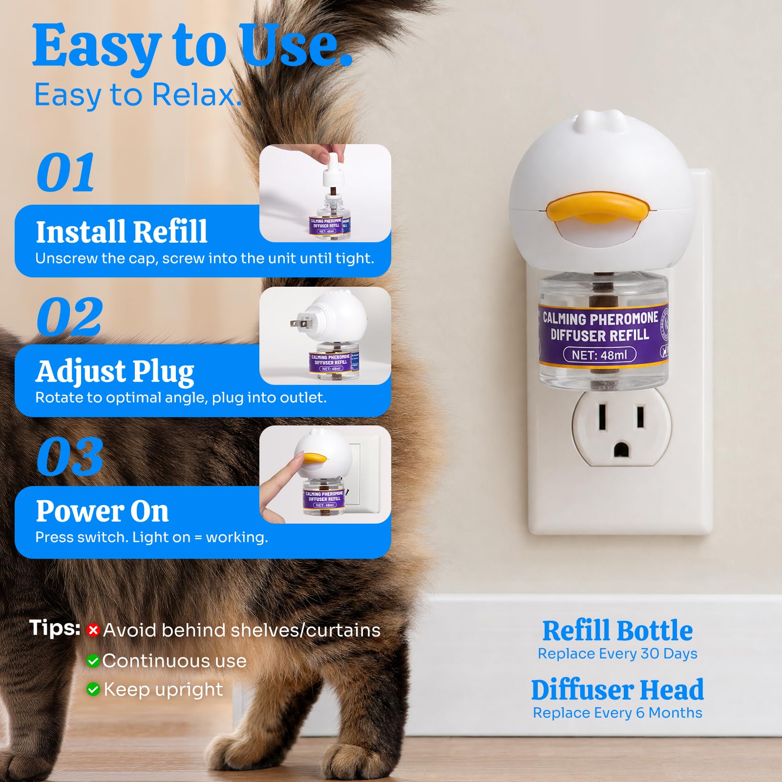 Difusor calmante para gatos de interior: soporte calmante inspirado en feromonas que ayuda a promover un comportamiento relajado y comodidad emocional, difusor enchufable sin medicamentos para uso