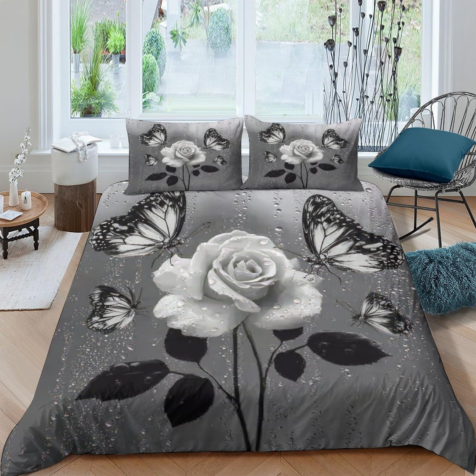 Ctjqhvkz Style-7 3D Printed Black White Rose Fitted Sheet Microfiber Butterfly Bed Cover For Bedroom Guestroom Easy Care Decor Single（135X200cm）