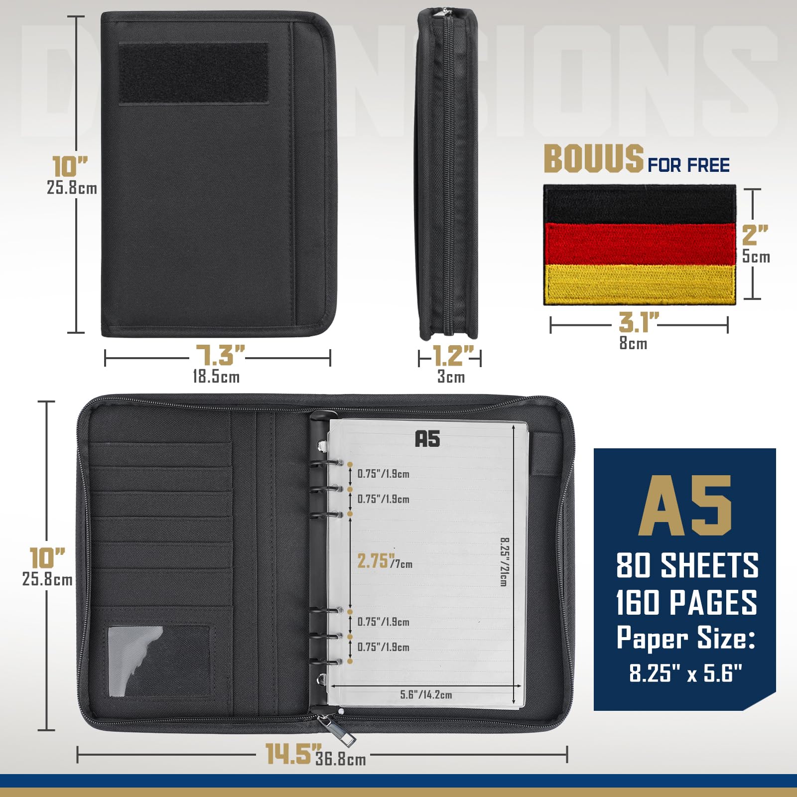 WYNEX Cuaderno TáCtico Padfolio Con 80 Hojas, Cuaderno Militar Militar, Carpeta TáCtica Con Cremallera Para Equipo TáCtico Y Organizador, Recargable, A5, 6 Anillas