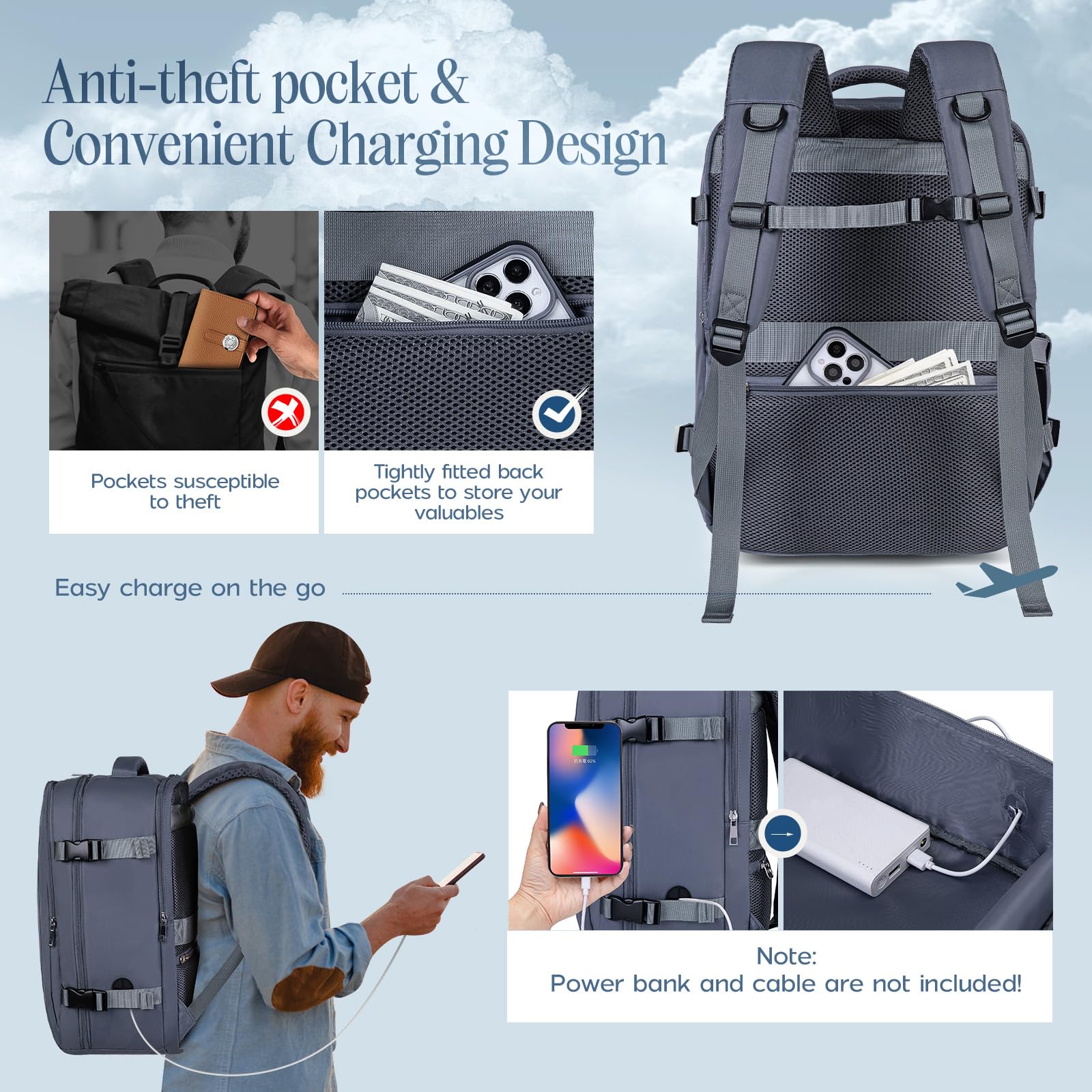 Xkdoai Plecak kabinowy samolotowy do samolotów linii Ryanair, torba kabinowa z oddzielną przegrodą, torba kabinowa na laptopa, Szary, 45x36x20, Bagaż podręczny