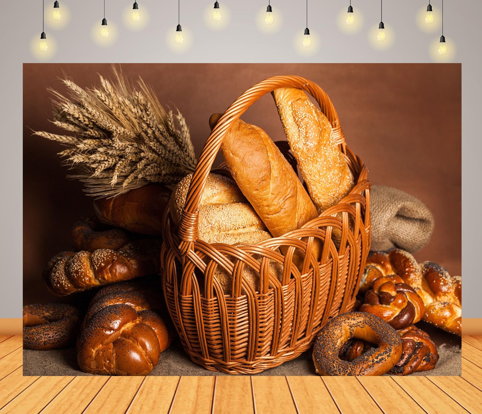 BELECO 2.5x2.5m Fabric Brotkorb mit Weizen auf Braunem Fotohintergrund