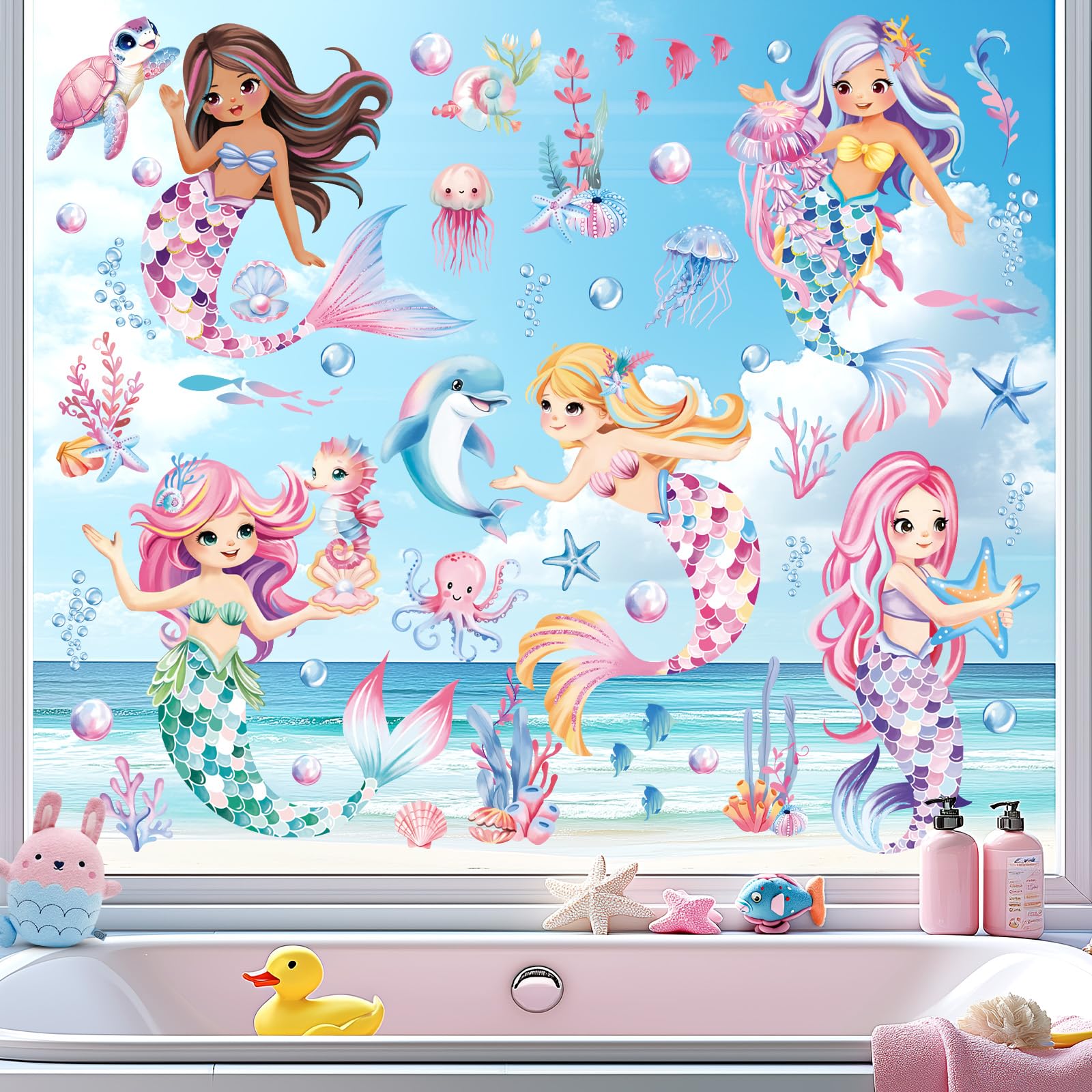 decalmile Under The Sea Mermaid Double Sided Window Clings Ocean Animal Whale Turtle Jellyfish Window Decals Anti-Collision Glass Window Doors Window Stickers - Image 2