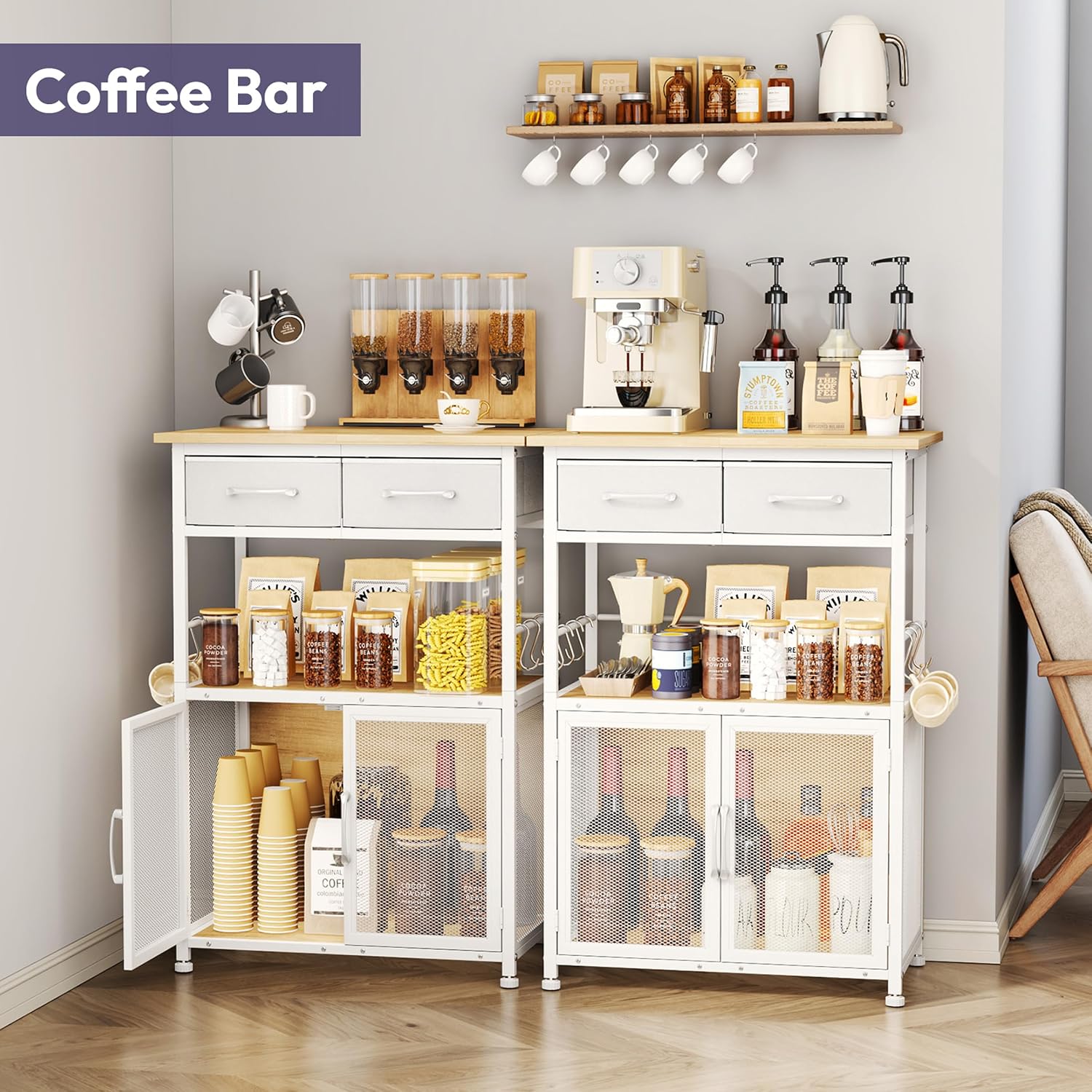 Condition photo showing New/Like New for swtymiki coffee bar cabinet with drawer - 20.47" coffee stand station with removable hooks, buffet cabinet for coffee maker or microwave, kitchen bar table storage organizer, natural