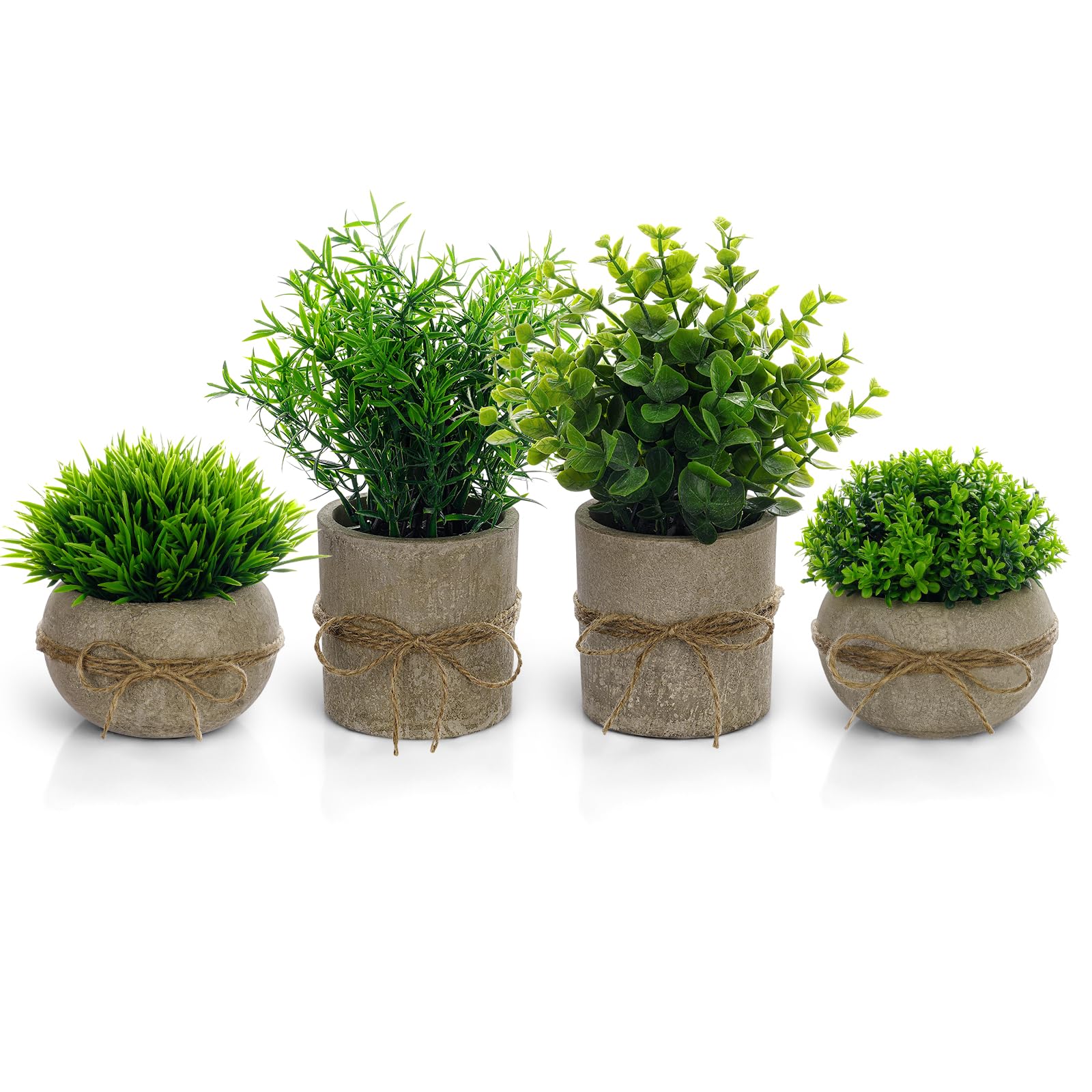 Vicloon Plastic Fake Plants Potted, 4 Pcs Mini Pot Faux Plant Foliage, Artificial Plants Set wiht Pine Needles, Rosemary, Eucalyptus Leaves, Baby Tears Fake Plant for Home Office Desk Indoor Decor