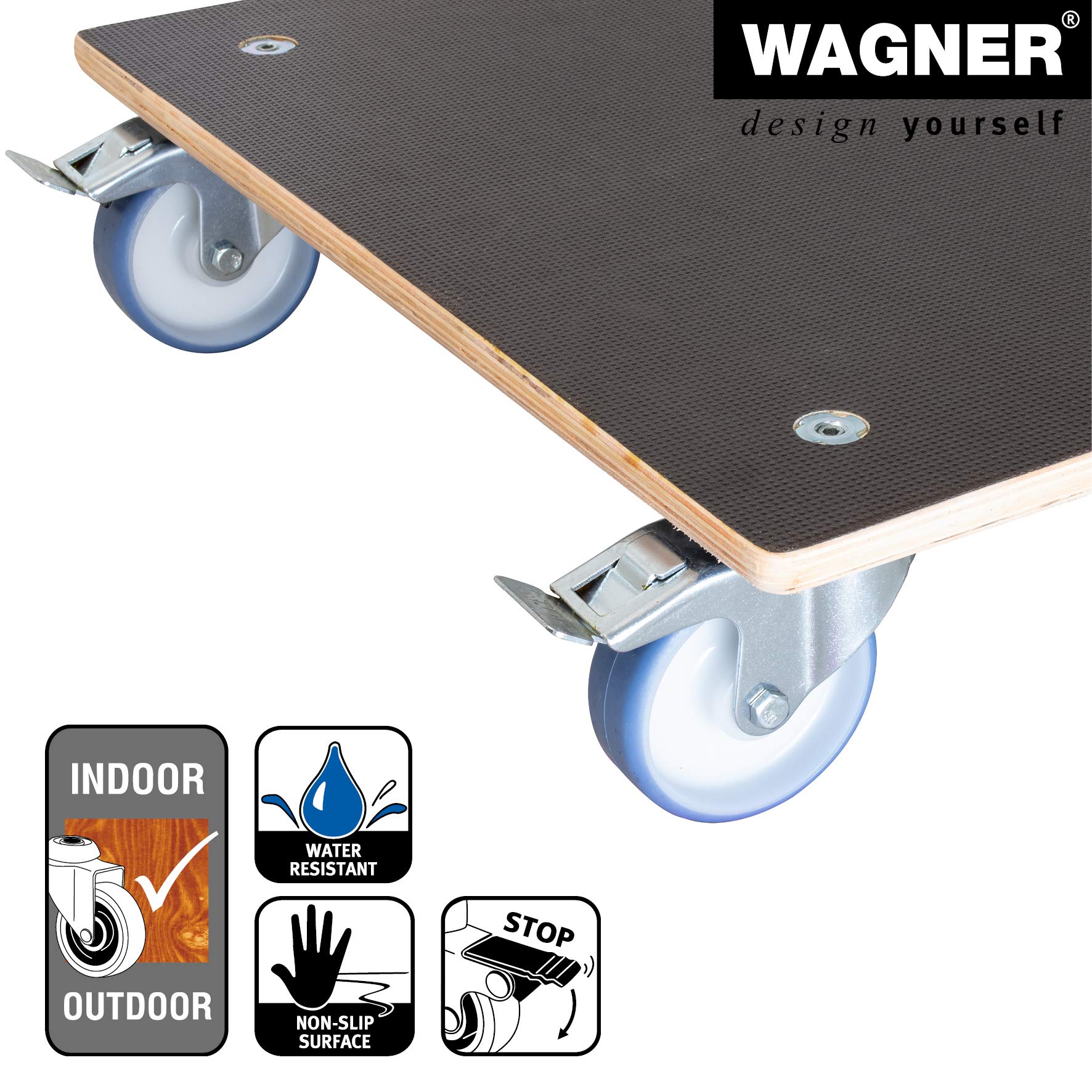 WAGNER Support à roulettes pour Pot de Fleur Maxigrip 58 x 58 x 14,5 cm I intérieur + extérieur I Roule Pot en Bois certifié FSC® I 2 Freins I Capacité de Charge 300 kg I Made in Germany - 20135801