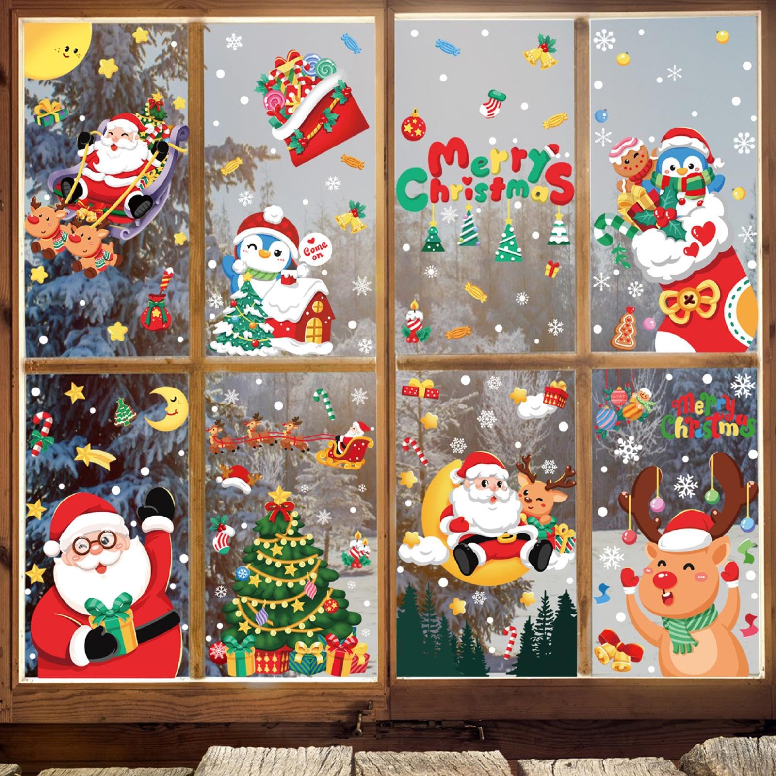 Ladlebroom Christmas Decoration Snowflake Stickers, Santa Claus, Elk, Snowman Static Stickers, Merry Christmas Window Stickers