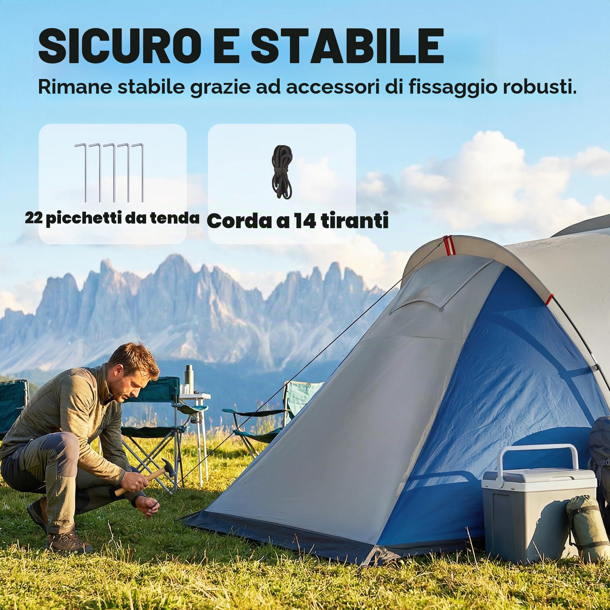 Outsunny Tenda da campeggio a doppio strato tunnel per famiglie, 4-5 persone, grande tenda con 2 camere e soggiorno per 12 persone, 3000 mm, impermeabile, riparo solare con tettoia, blu