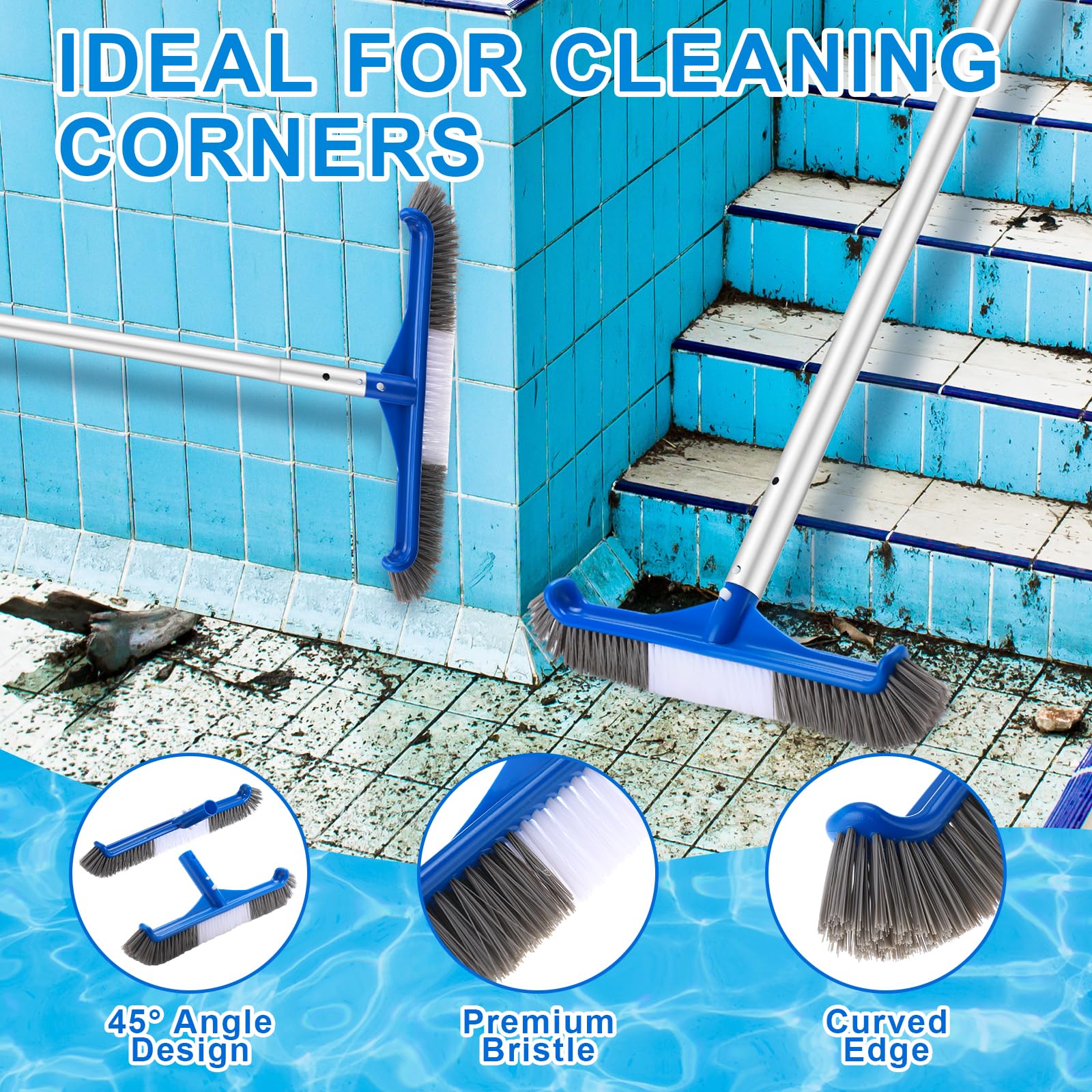 Tioncy Confezione da 4 kit di pulizia della piscina, con spazzola per la pulizia della piscina, spugna abrasiva, retino per foglie e pali per la pulizia della piscina gonfiabile, casa, spa, vasche