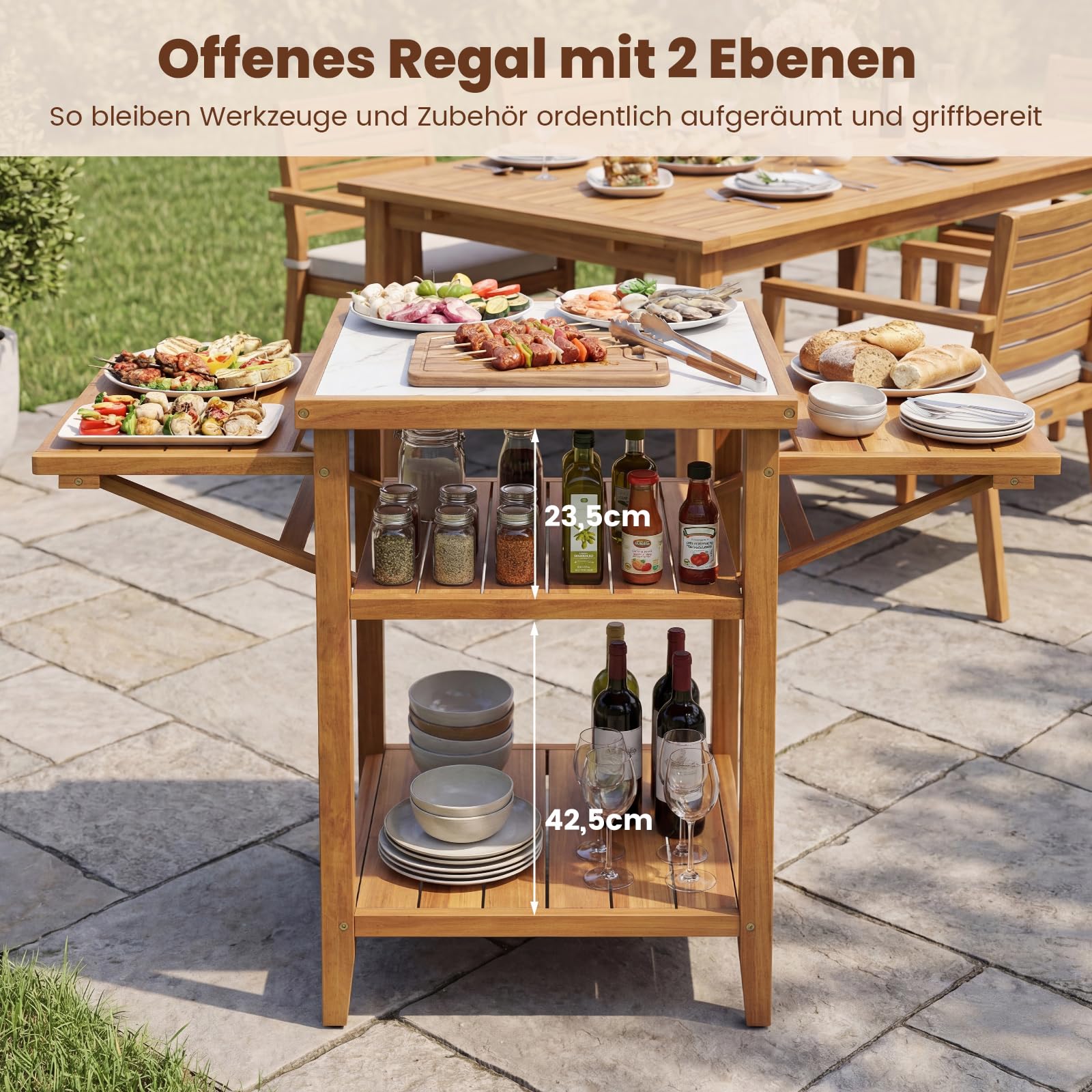 COSTWAY Grilltisch Outdoor, Campingtisch aus Akazienholz, Gartentisch mit 2 klappbaren Seitenablagen, 2 offene Ablage & Tischplatte in Marmoroptik, BBQ-Tisch für Grillen Camping Garten, Natur