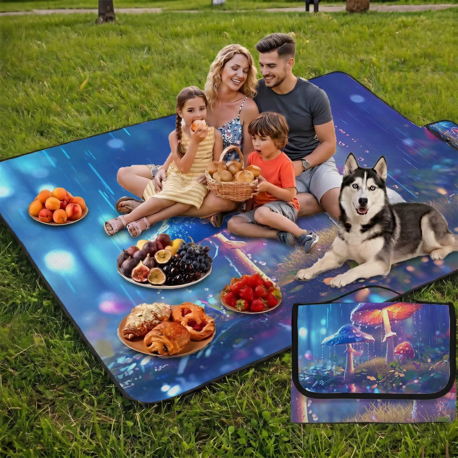 Manta de Picnic Grande 200x200cm, Hongo Manta Picnic Impermeable, Caricatura Esterilla de Playa Alfombra de Exterior, Picnic Blanket Plegable con Asa para Camping,Jardín,Césped,Playa,Senderismo FZ-80