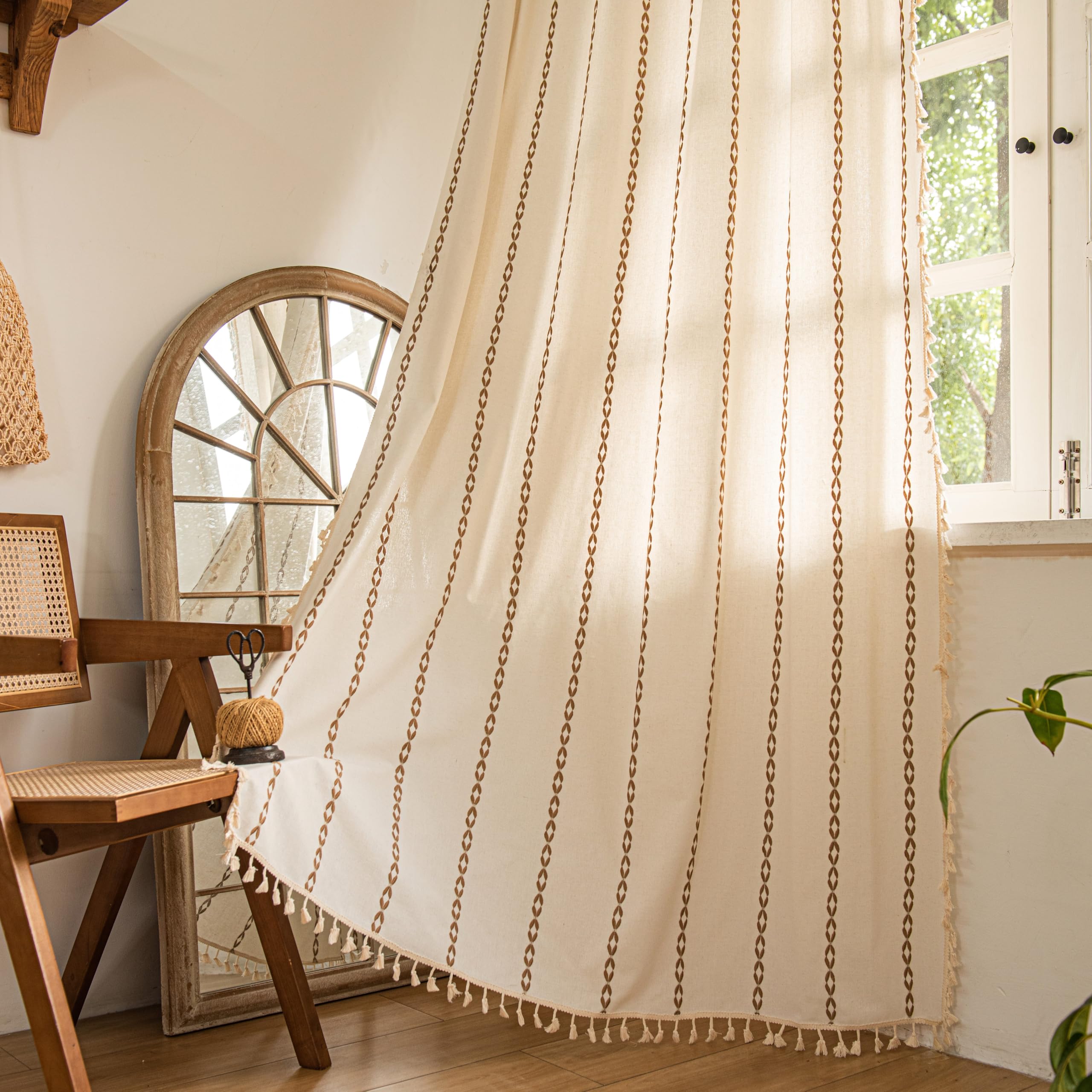 Sutuo Home Boho Farmhouse Curtains 72 Inches Long for Living Room Bedroom Bohemian House Drapes Country Style, Textured Stripe Embroidery Privacy, White and Coffee 1 Panel W52 x L72 — image 1
