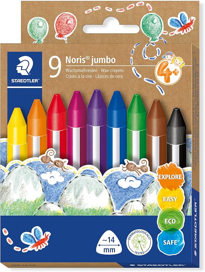 STAEDTLER Wachsmalkreide Noris junior, besonders dicke Mine und ergonomische Dreikantform für entspanntes Malen, 9 Kreiden in leuchtenden Farben im Kartonetui, 228 14 C9 STAEDTLER Wachsmalkreide Noris junior, besonders dicke Mine und ergonomische Dreikantform für entspanntes Malen, 9 Kreiden in leuchtenden Farben im Kartonetui, 228 14 C9