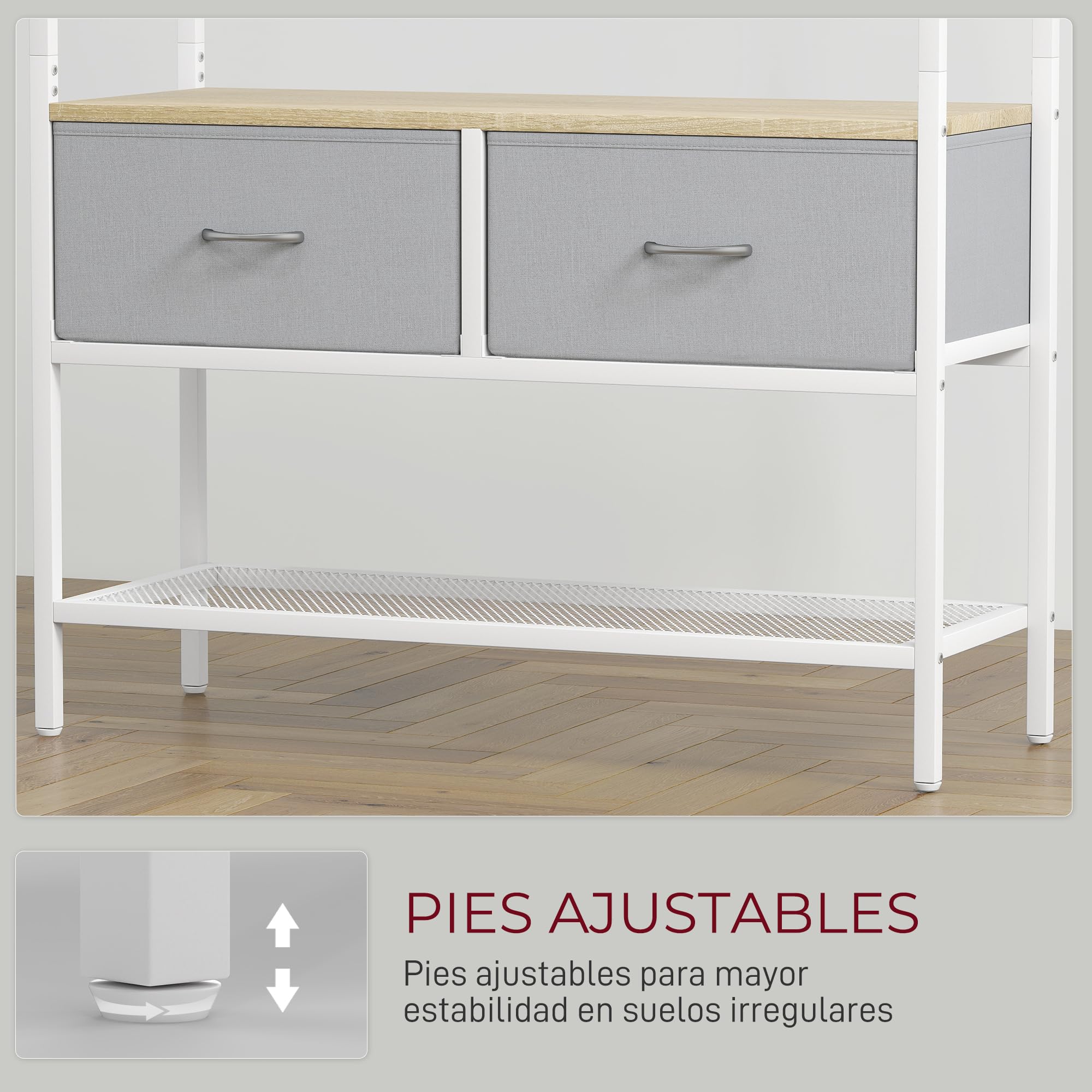 HOMCOM Perchero Zapatero Perchero Entrada Recibidor con Zapatero 8 Ganchos 2 Cajones de Tela Barra Estante de Malla Estilo Industrial para Colgar Ropa Pasillo Dormitorio Salón 80x30x180,5 cm Natural