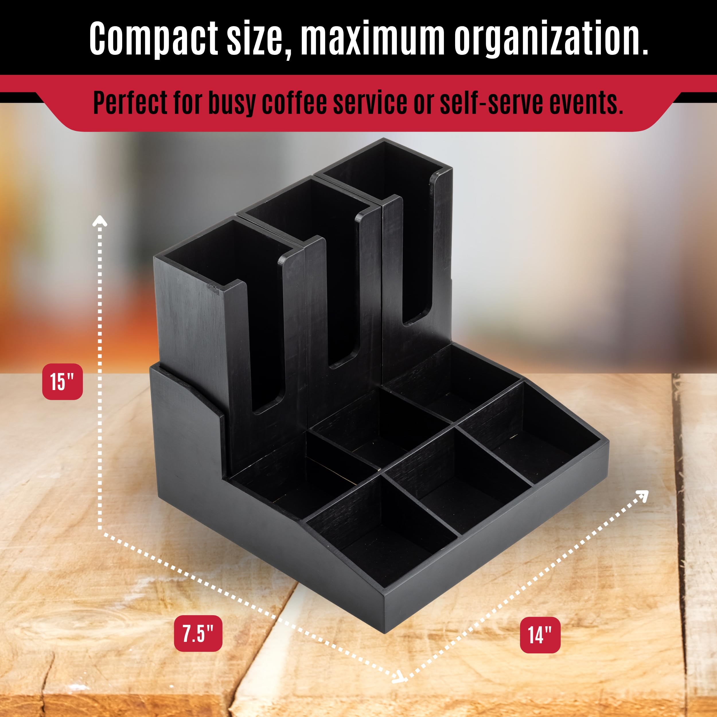 Tablecraft 12690 - Organizador de condimentos de café, 9 compartimentos con 3 soportes extraíbles para tazas/tapa, madera de bambú pintada en negro, ideal para cafeterías, bufés de desayuno y