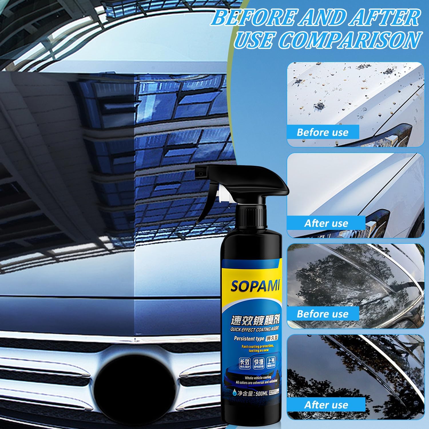 Sopami Car Coating Spray, 17.6 oz Quick Effect Coating Agent,Sopami Quickly Coat Car Wax,Sopami Car Scratch Wax Polish Spray Waterless Wash,Sopami Oil Film Emulsion Glass Cleaner(2PC+2*Sponge+2*Cloth) - Image 2