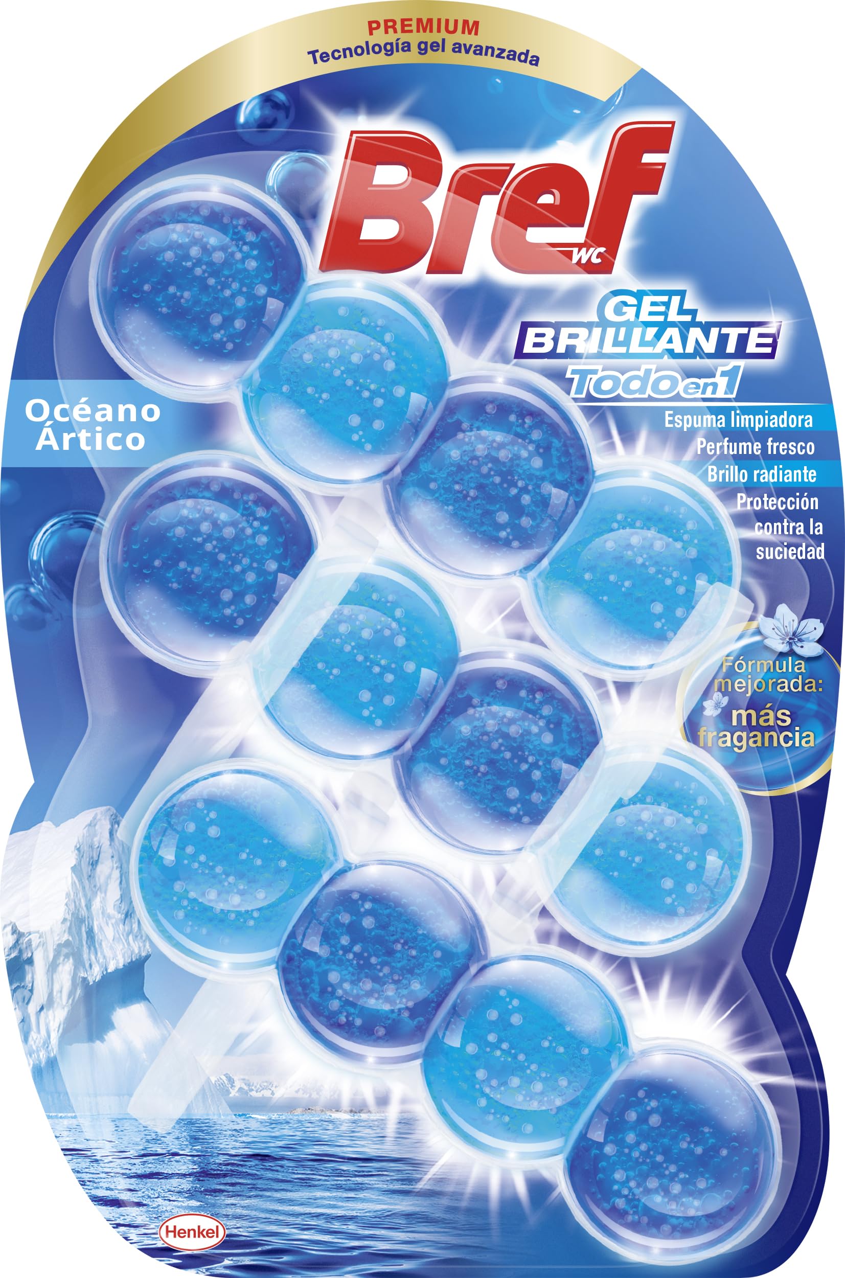Bref Gel Brillante Océano Ártico Todo en 1 (3 unidad), cesta en gel para una limpieza completa, colgadores WC para la limpieza del baño, frescor duradero y brillo radiante