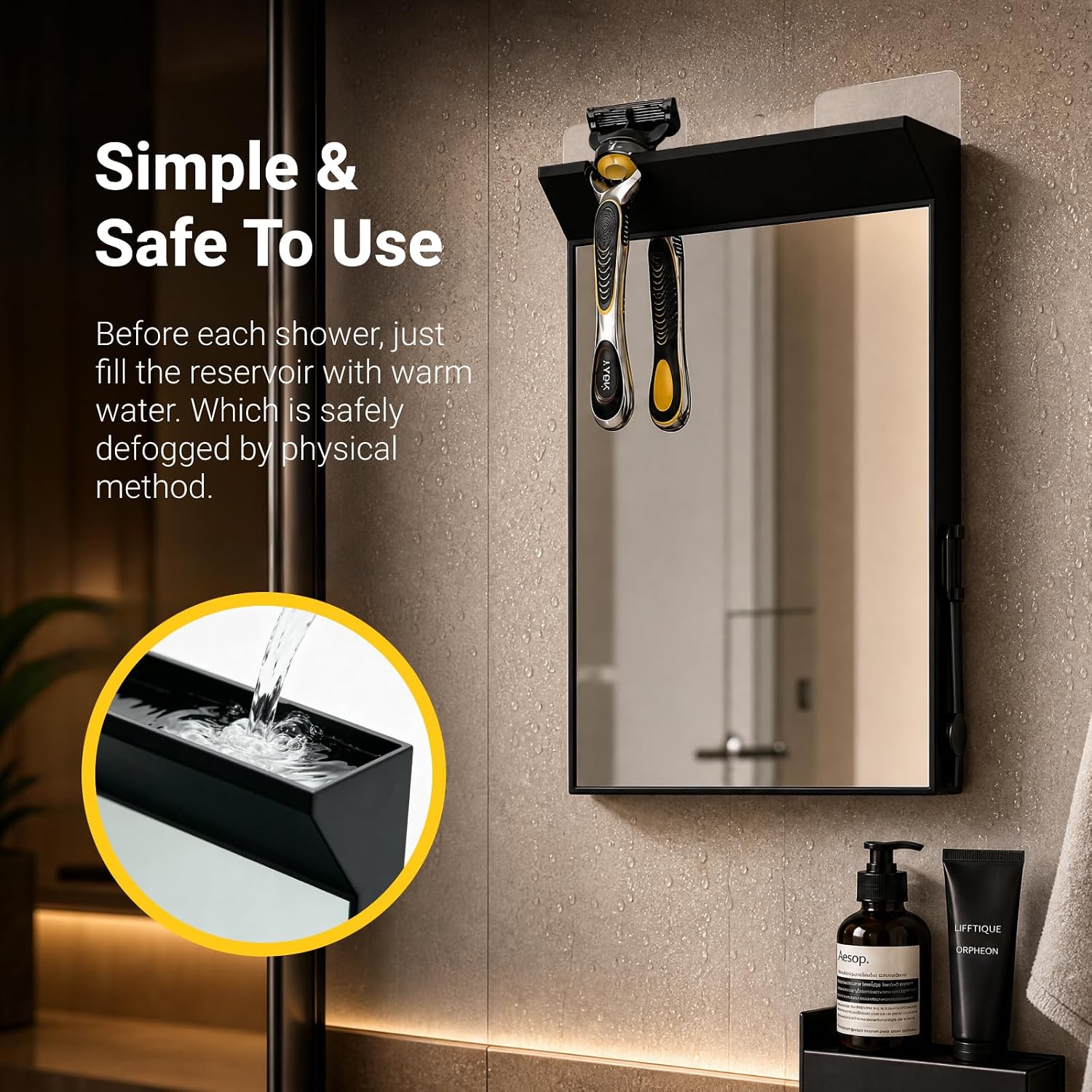 Fogless Shower Mirror for Shaving, HD Real Glass Anti-Fog Bathroom Mirror with Smart Drainage Plug & Razor Holder, Dual Wall Hooks Shaving Mirror for Men, 10"x6.7", Black