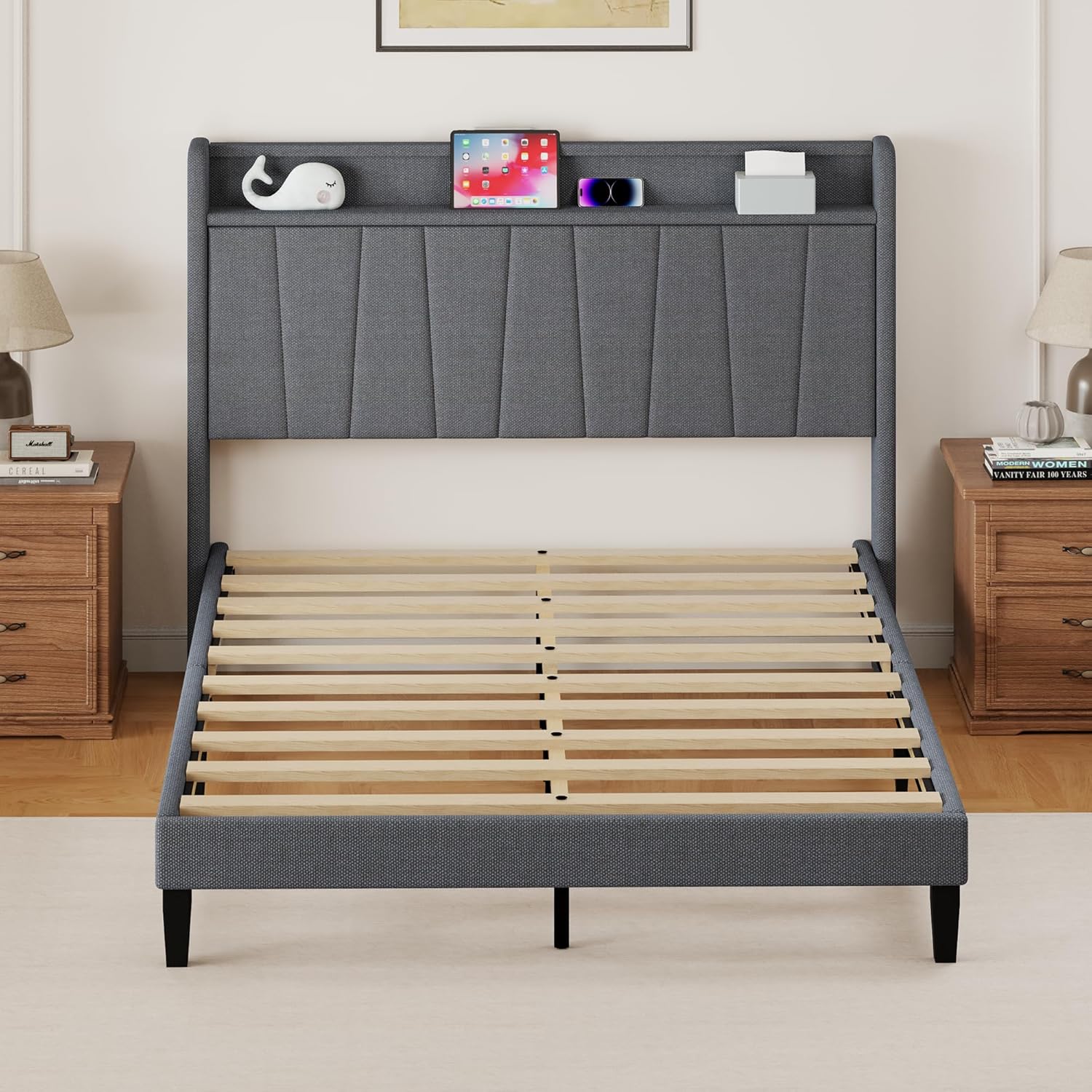 Queen Size Bed Frame, Linen Upholstered Platform Bed with Storage Headboard, Strong Wooden Slats Support, No Box Spring Needed, Easy Assembly, Dark Grey