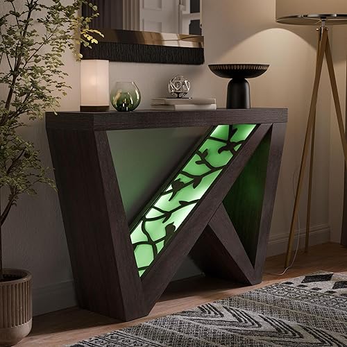 Miniatura 1 de Homes Inside + Out Naomi - Moderna mesa consola decorativa LED con patas en forma de W y control remoto, muebles de entrada de madera para sala de