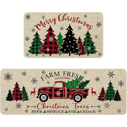 Farmhouse Christmas Kitchen Mat Decor, Farm Fresh Christmas Trees Kitchen Rugs Sets of 2, Christmas Mats for Kitchen Floor, Christmas Rugs Indoor Kitchen Christmas Decorations