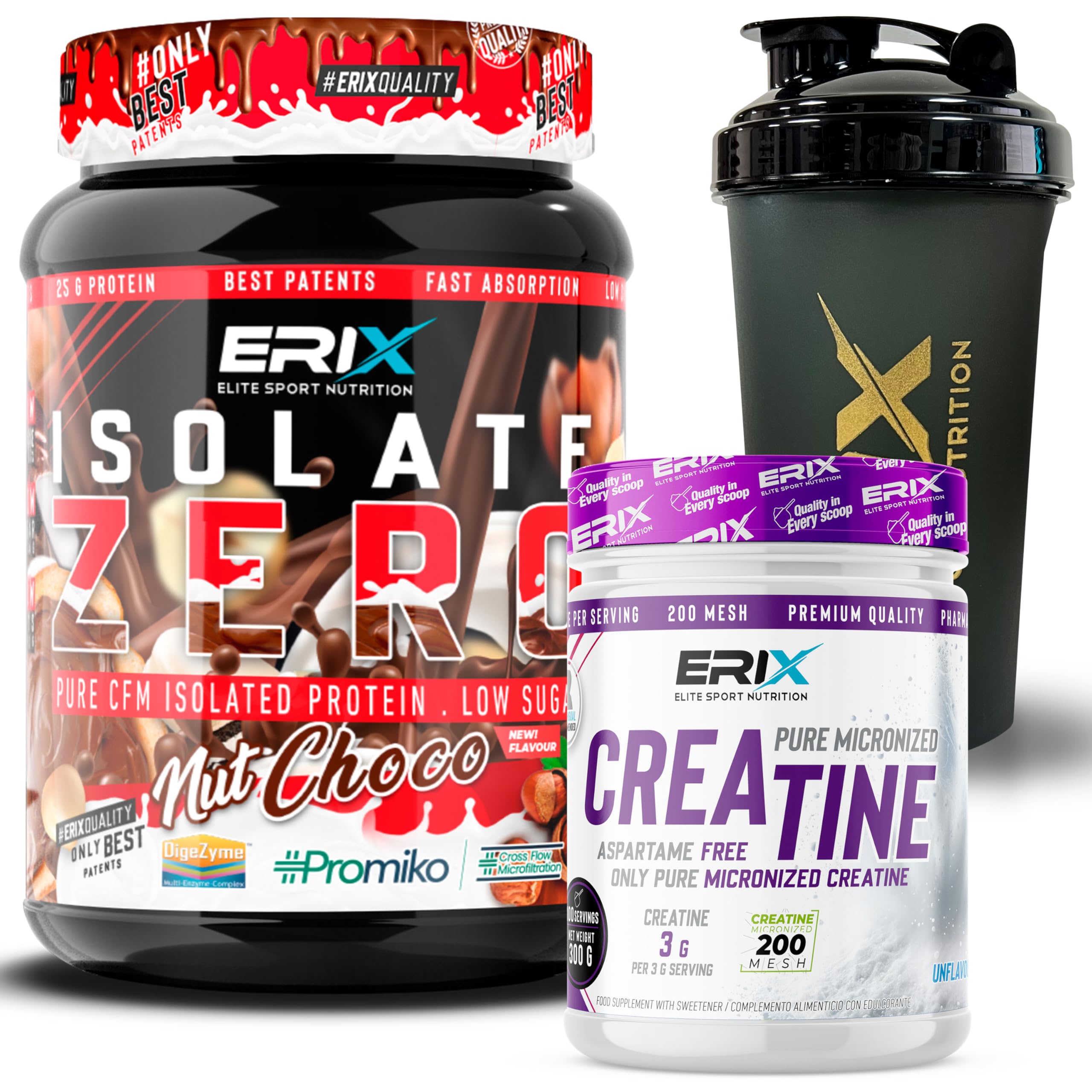ERIX Nutrición ISO Zero 900g + Creatina Monohidrato 300g Neutra + Shaker Negro, Proteína Aislada de Suero CFM, Alta Pureza, Bajo en Grasa y Lactosa para Rendimiento Muscular (Nut Choco)