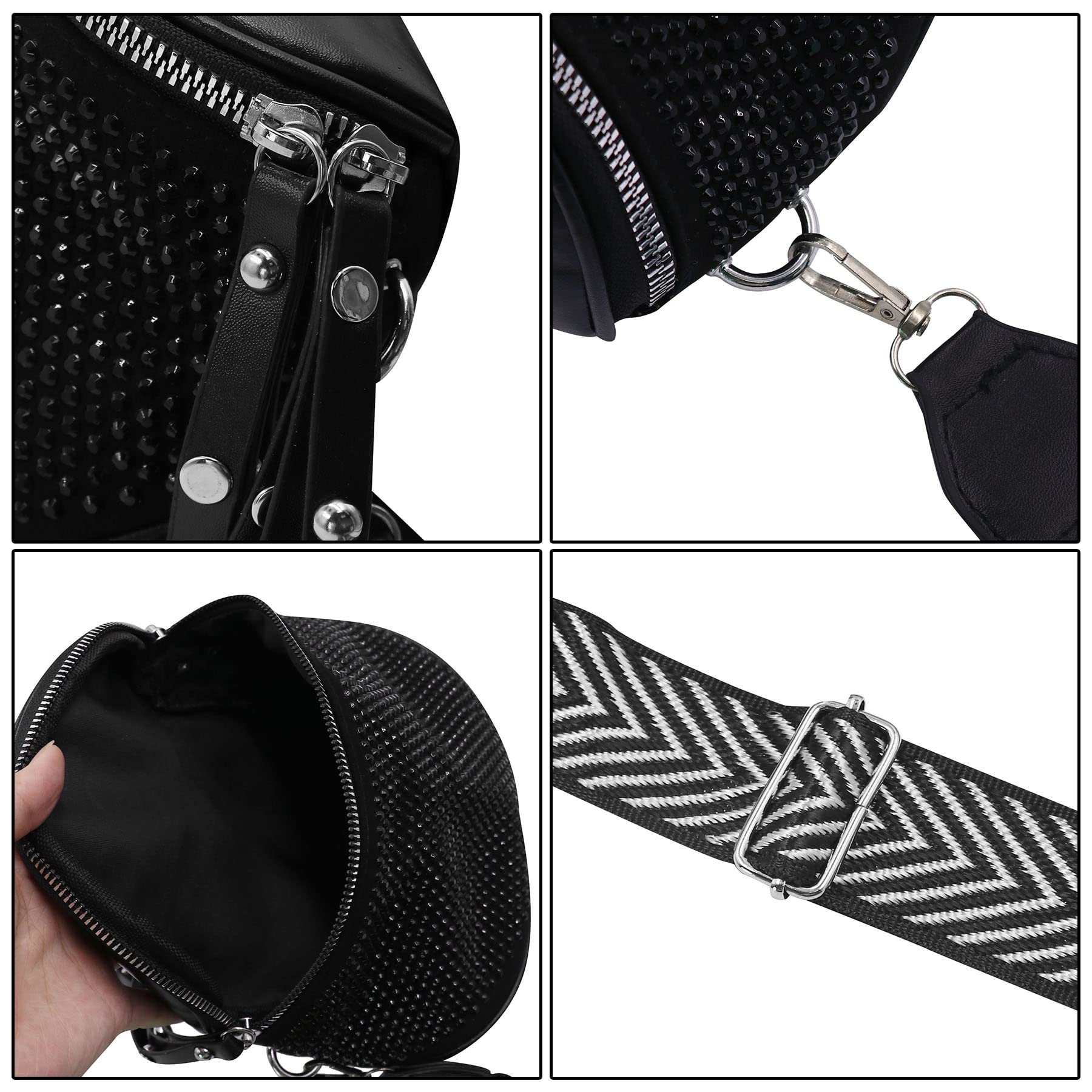 Strass-Hüfttasche, Bauchtasche für Damen und Mädchen, Brusttasche, Crossbody-Gürteltasche, Geldbörse für Party, Club, Reisen, Strand, Schwarz + Reißverschlussriemen, Einheitsgröße