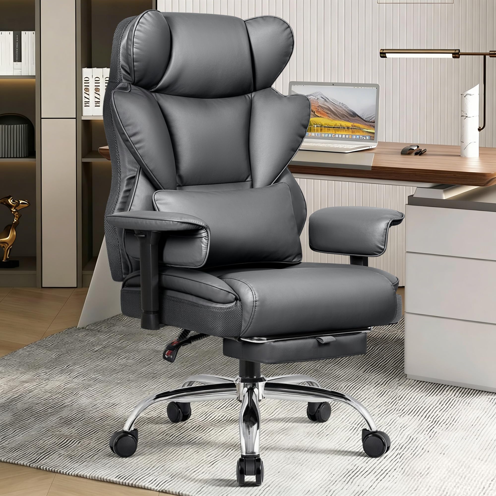 BESTFAIR Ergonomic Office Chair with Footrest, Wide Seat Big and Tall Desk Chair, 400 LBS Leather Executive Office Chair with Lumbar Support, Comfy Computer Gaming Chair for Adults, Gray