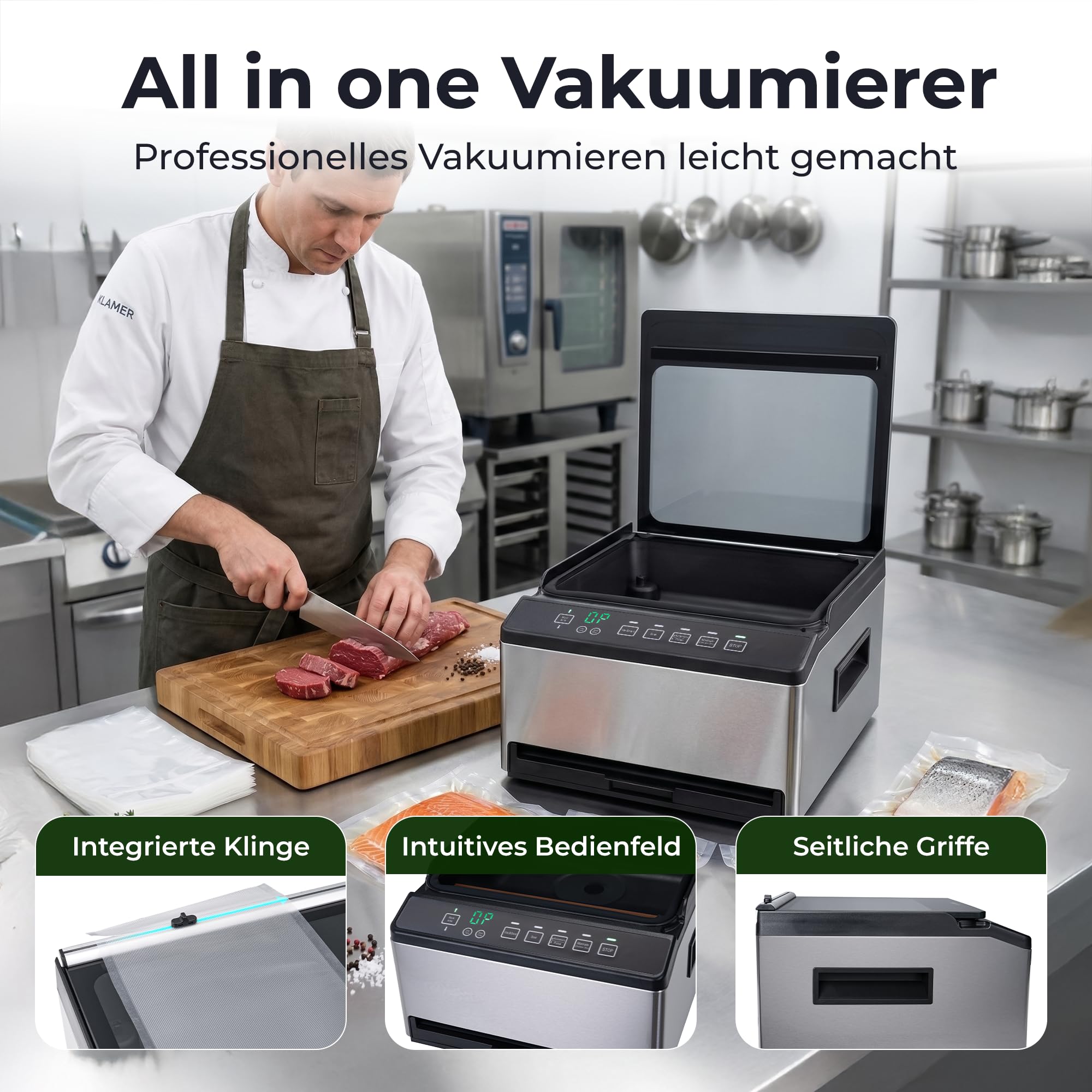 KLAMER Vakuumiergerät Kammer Edelstahl 98 kPa Profi Kammervakuumierer Marinier-Funktion Einstellbare Vakuumzeit & Schweißzeit