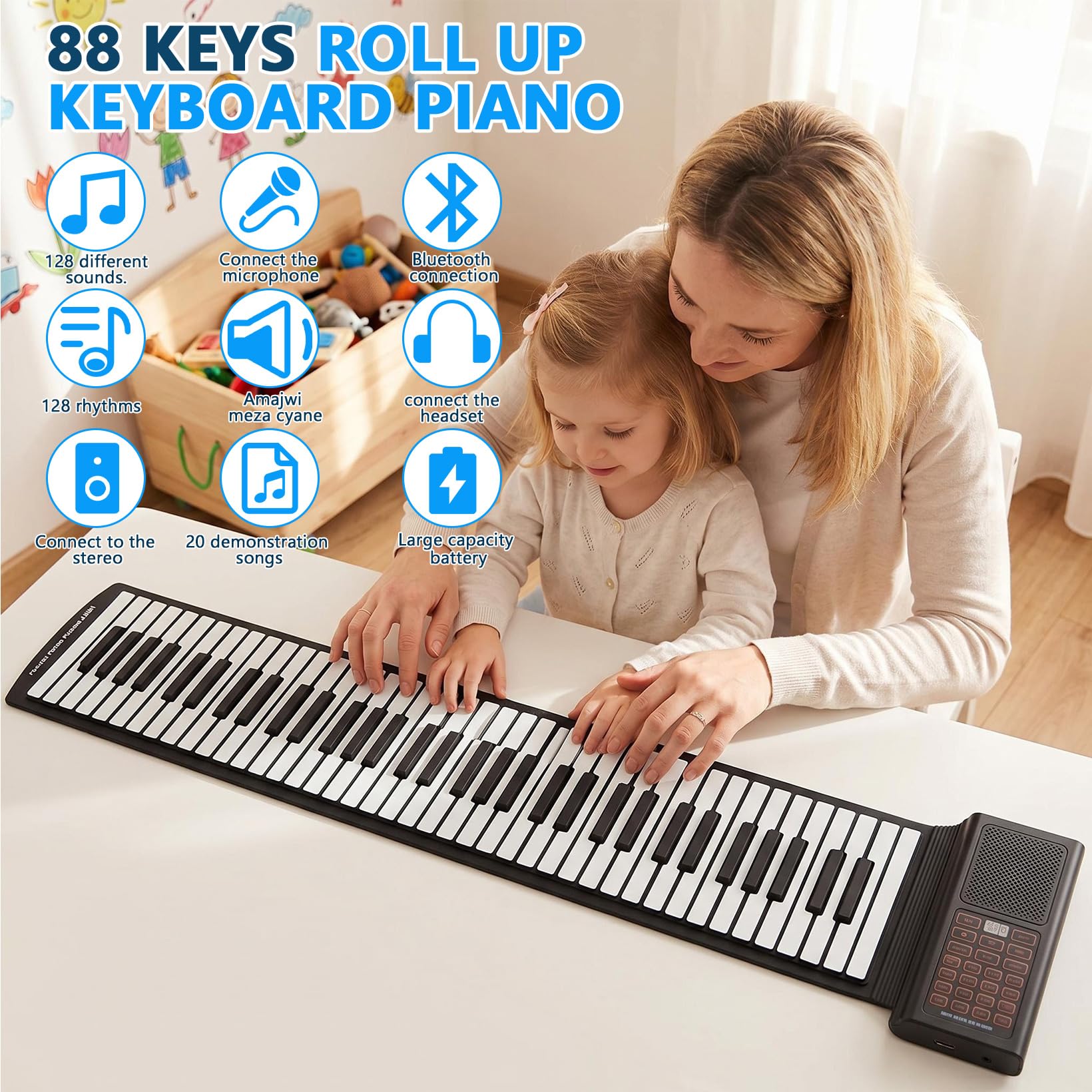 Keyboard Pianoforte, pieghevole, 88 tasti, con 128 suoni e ritmi, pianoforte arrotolabile per bambini con Bluetooth MIDI e pedale, pianoforte digitale, da viaggio, casa, regalo per bambini e adulti