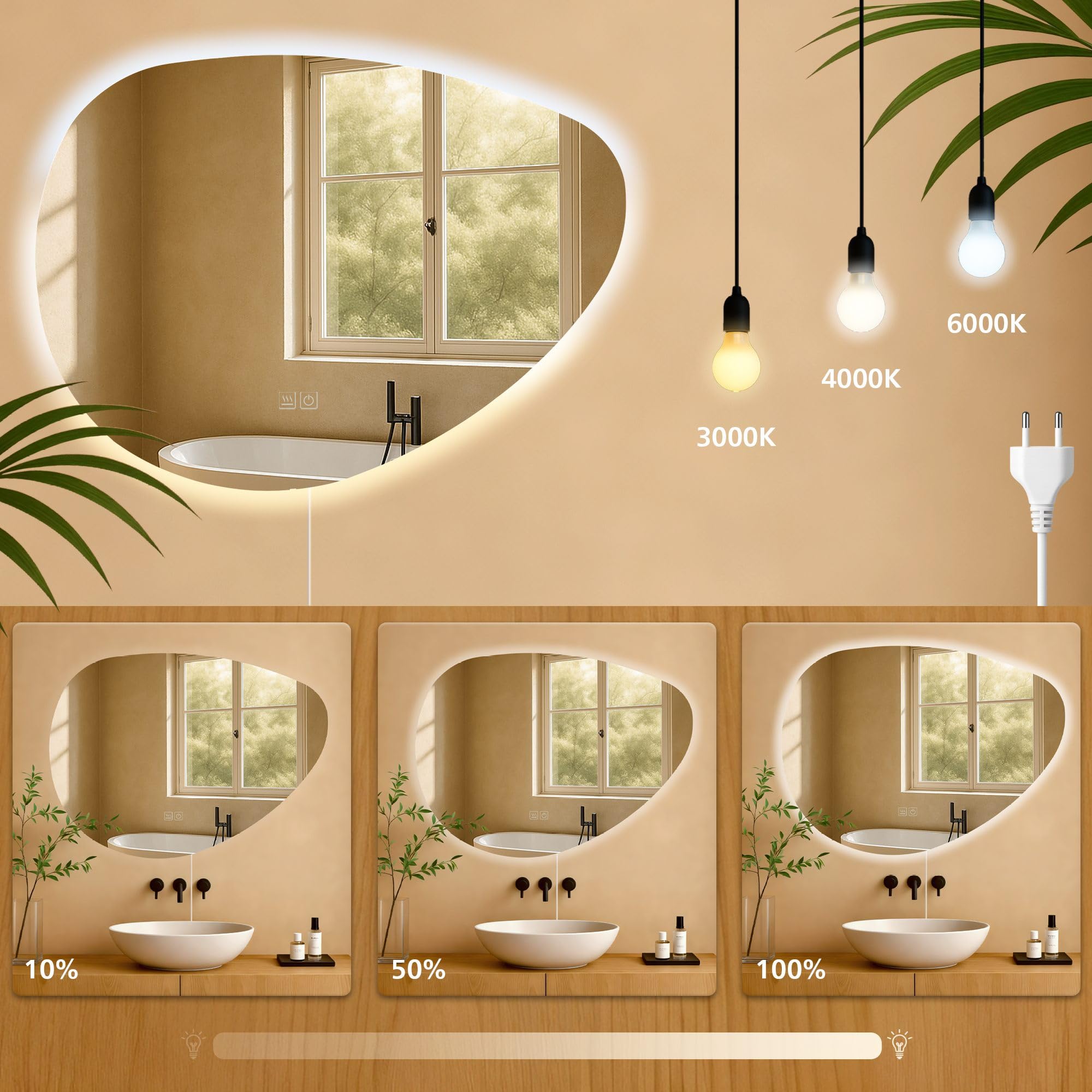 CLP Specchio da Bagno Almafie con Illuminazione, Specchio da Bagno antiappannamento, Specchio da Parete LED, con e Senza Bluetooth, Contenuto del Set:Senza Bluetooth