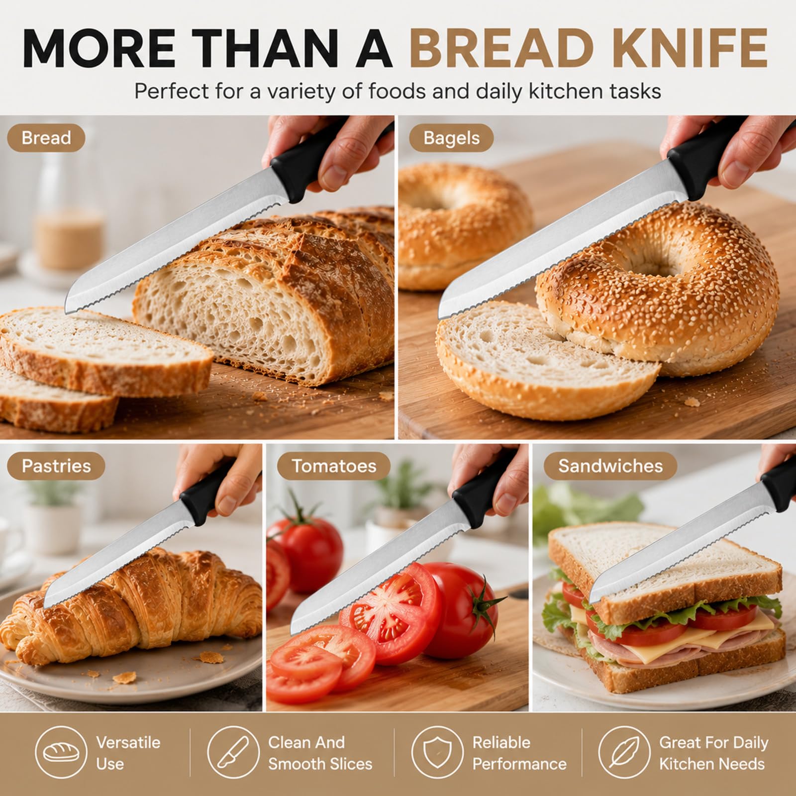 Carehabi Juego de 6 Cuchillos de Pan y Chuleteros Hoja Dentada Acero Inoxidable Cuchillo de Mesa para Desayuno y Cocina