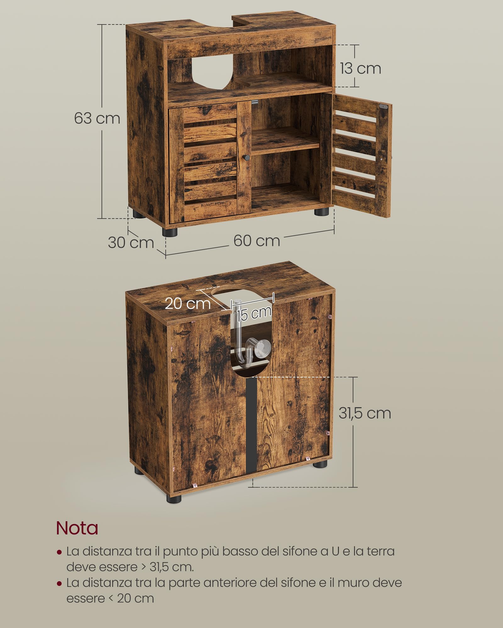 VASAGLE Mobile Sottolavabo, Mobiletto da Bagno, Armadietto Portaoggetti, 30 x 60 x 64 cm, Adatto a Lavabi senza Colonna, con Doppia Anta a Persiana, Ripiano Regolabile, Marrone Vintage BBK04BX
