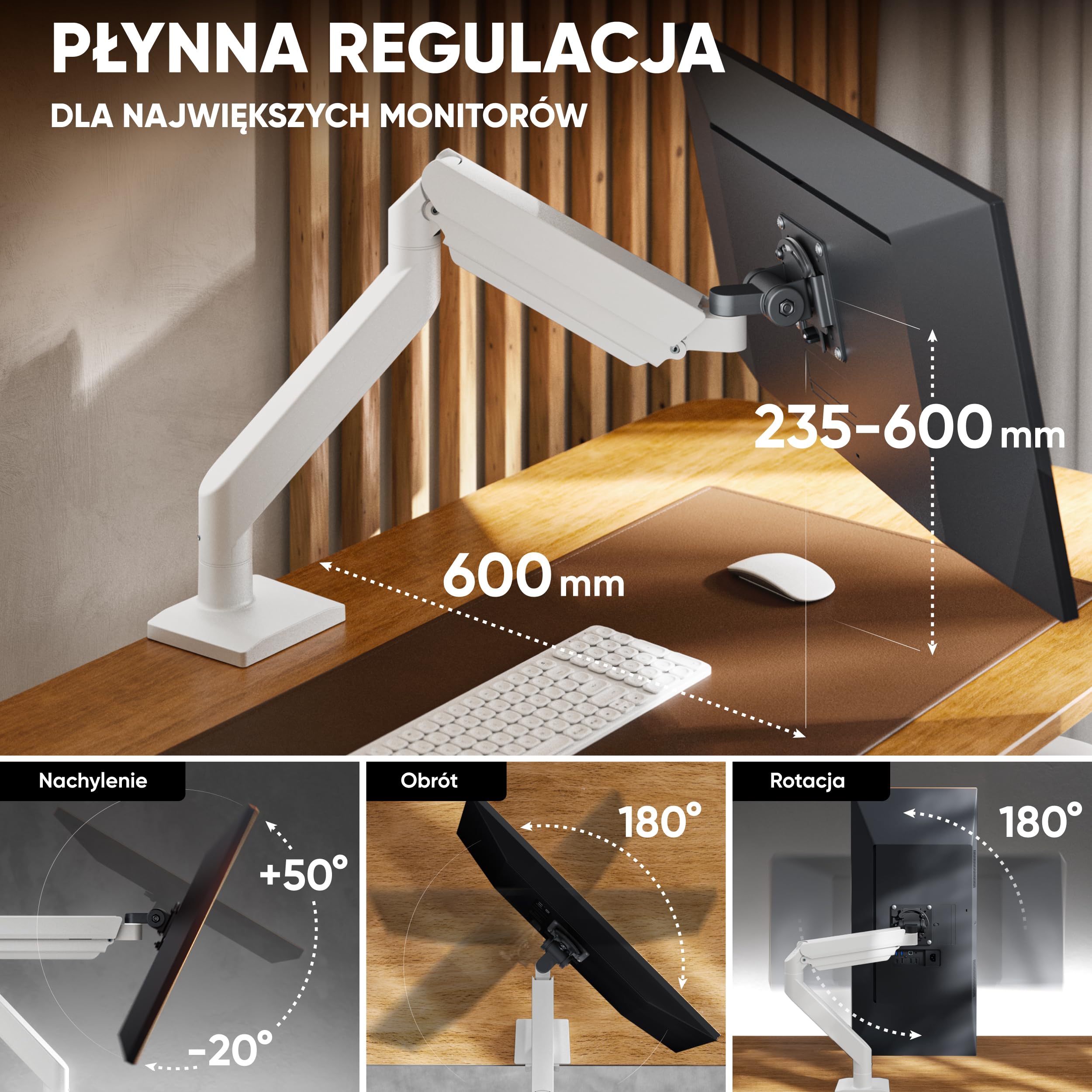 ONKRON Uchwyt do monitora 15-42 cali 15 kg VESA 75x75-100x100 z USB sprężyna gazowa G110-BG