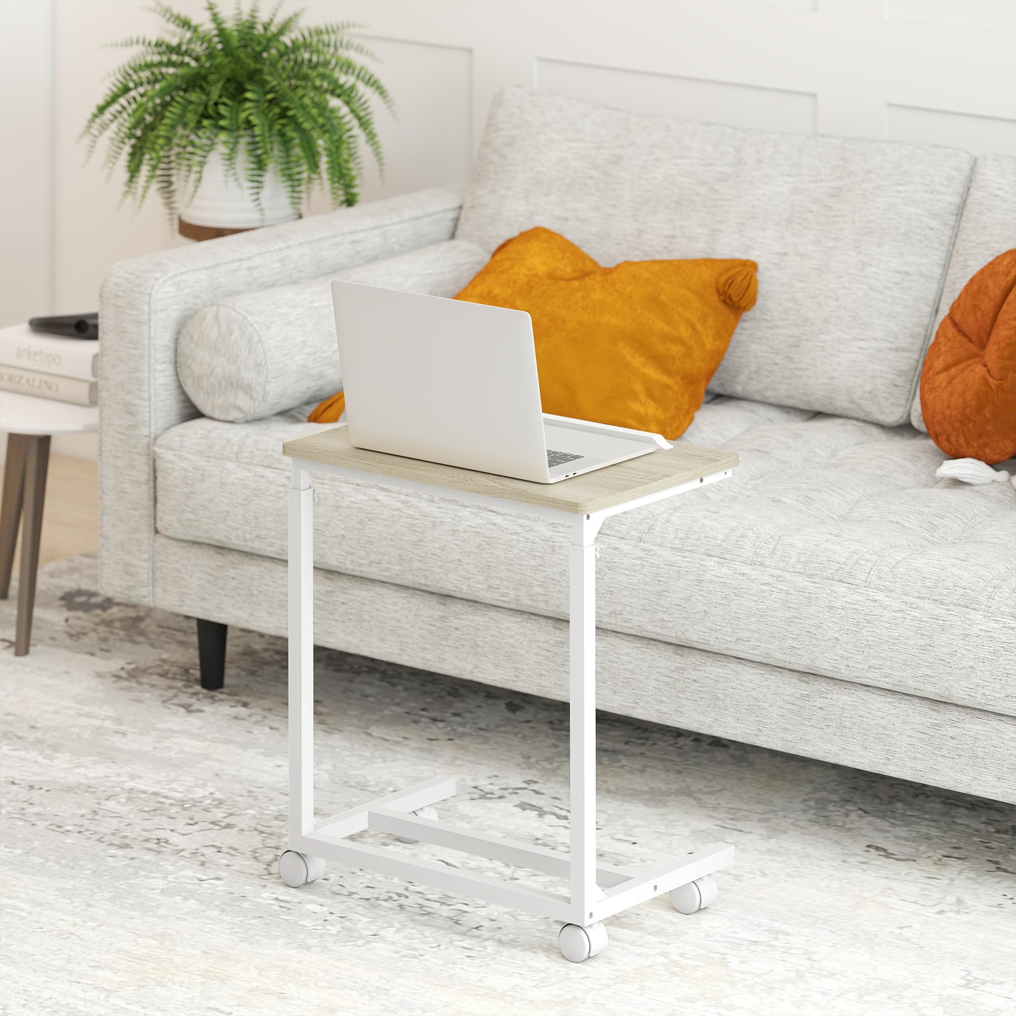 HOMCOM Table d'appoint à roulettes réglable en Hauteur chêne et Blanc