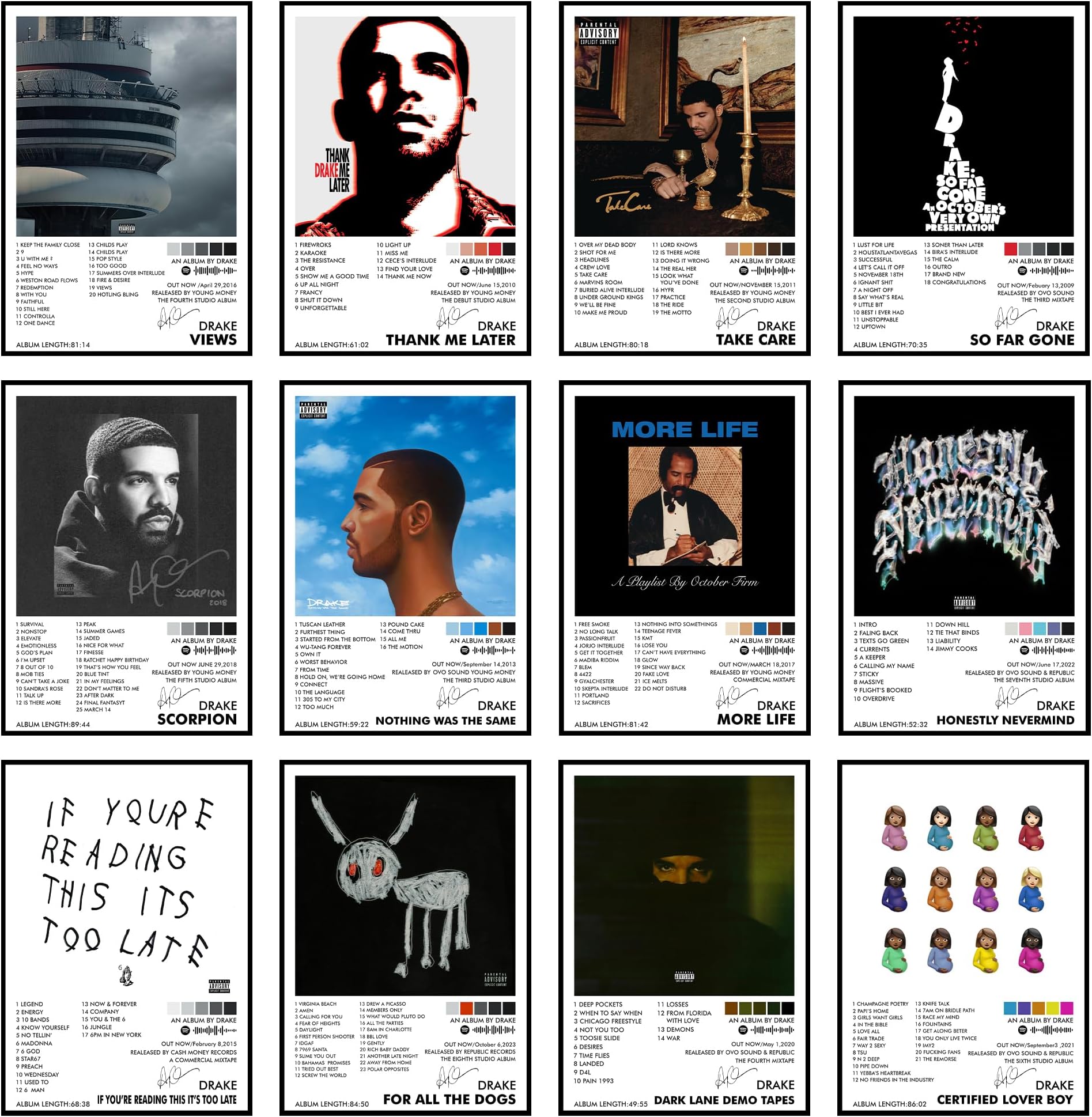 Thepaper9store Pack of 12 - Drake Music Album Art Wall Posters 8.2x11.8 inch Adhesive Tape Attached Wall Decor, Music Poster, Wall Art For Bedroom, Living room, Office (Drake)