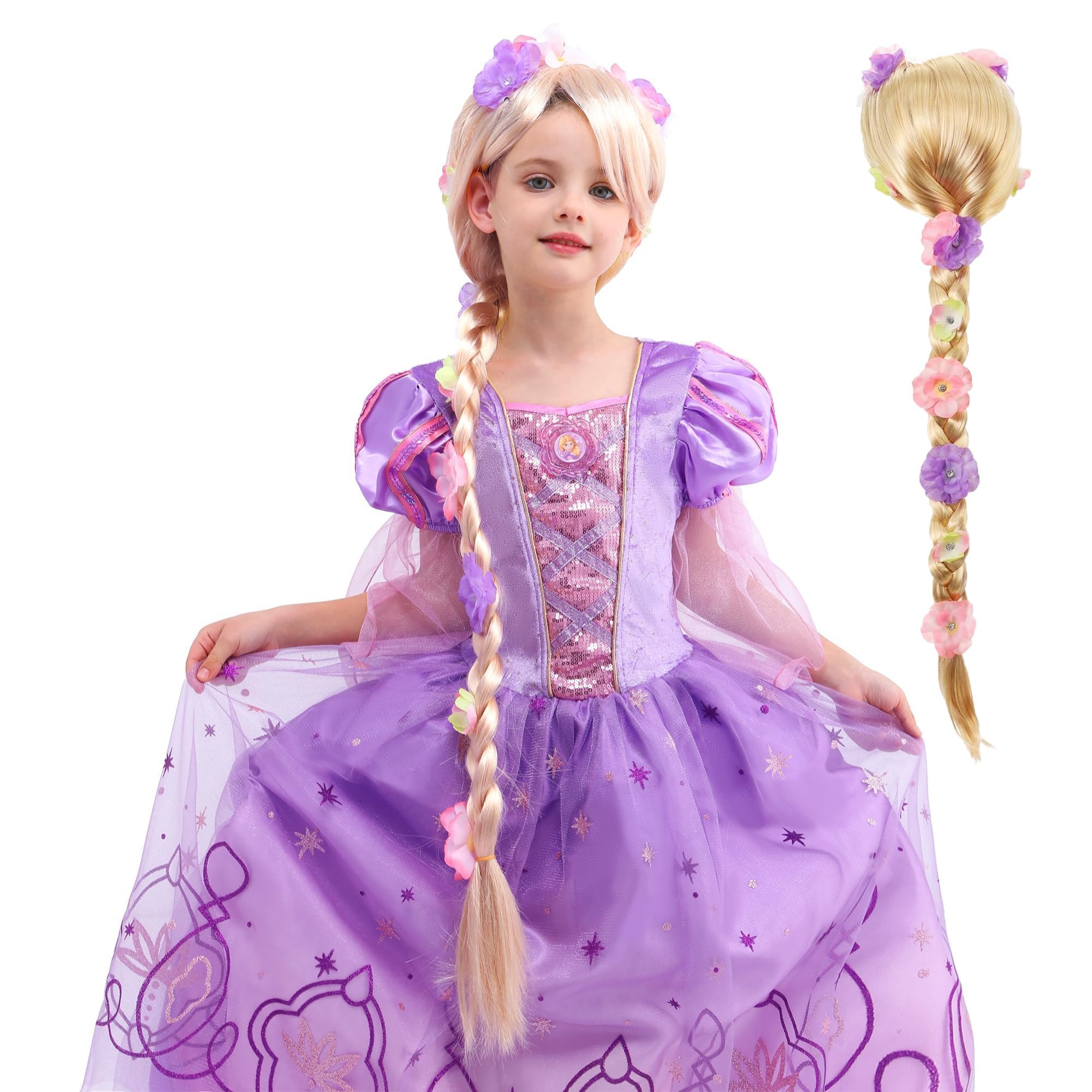 Wizland Princess Costumes for Girls with Wig,Purple Princess Fancy Dress up for Kids & Toddlers Halloween Costumes Outfit 3-4 Years