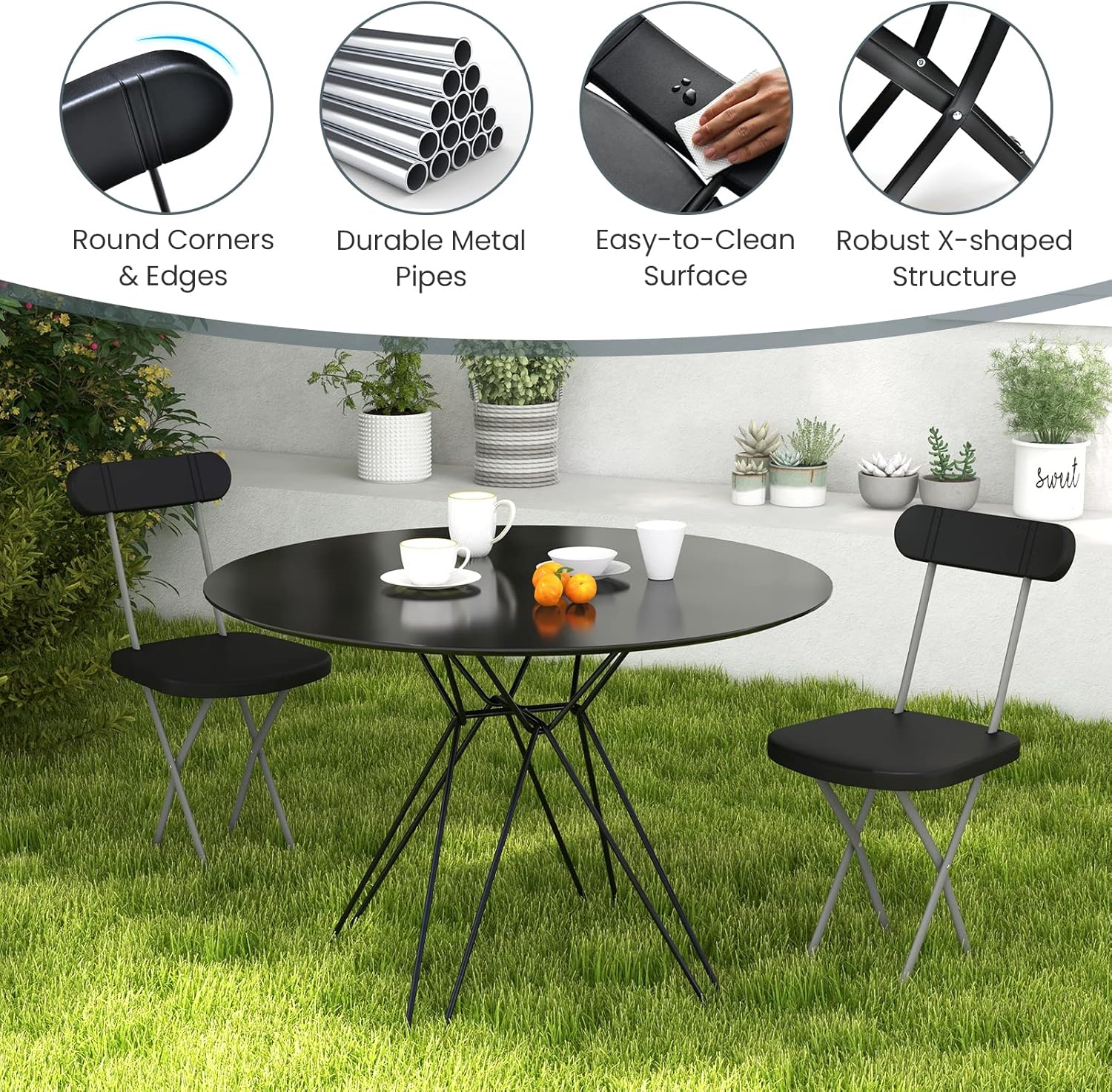 Black Metal Folding Dining Chairs with Ergonomic Backrest, Set of 2