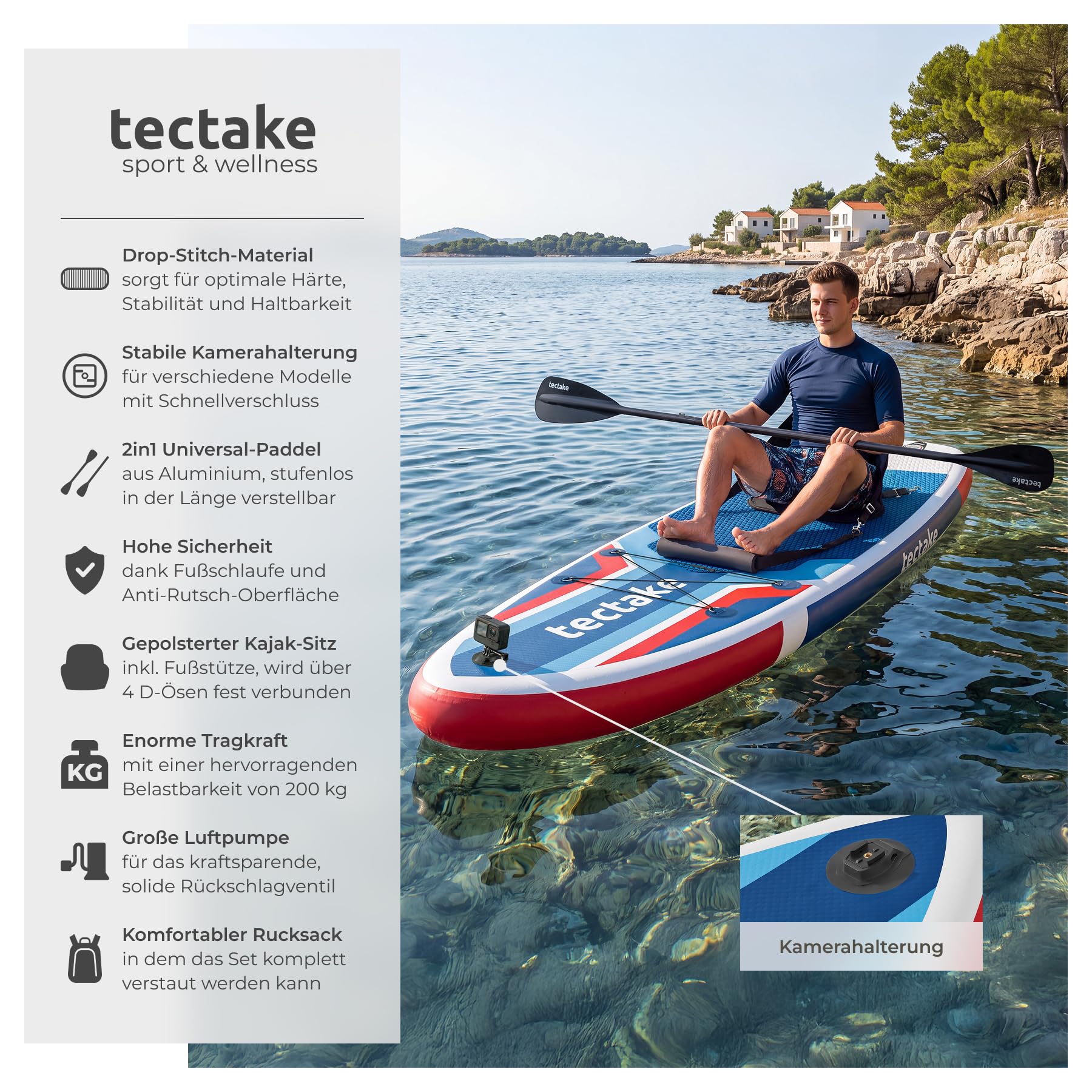 tectake® Stand-Up Paddle Board, 320 cm, aufblasbar, Kajak-Sitz, rutschfest