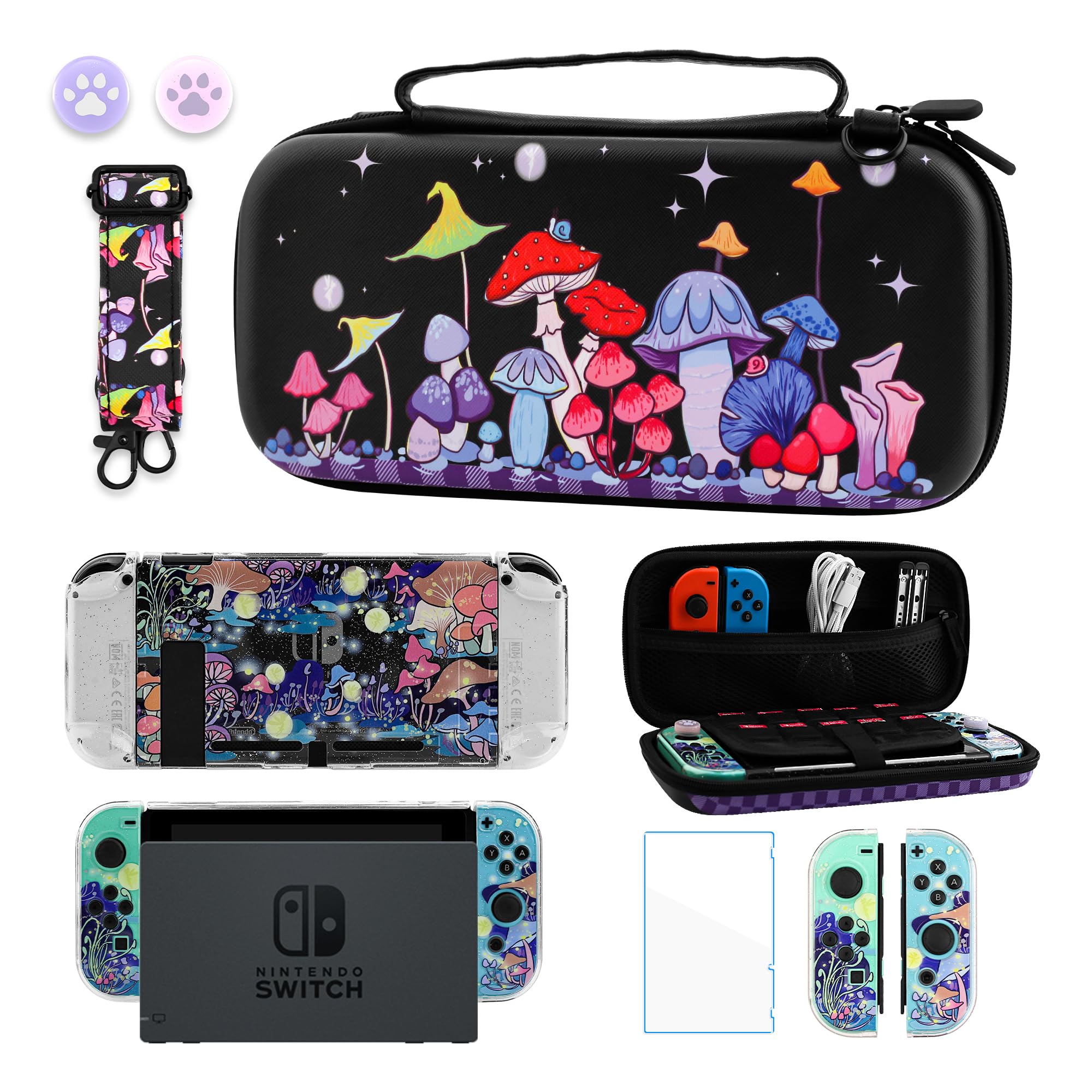 GLDRAM Custodia da trasporto a forma di fungo magico per Nintendo Switch, borsa da viaggio resistente con cover protettiva glitterata, protezione schermo HD Utral, tracolla e tappi per pollice, per