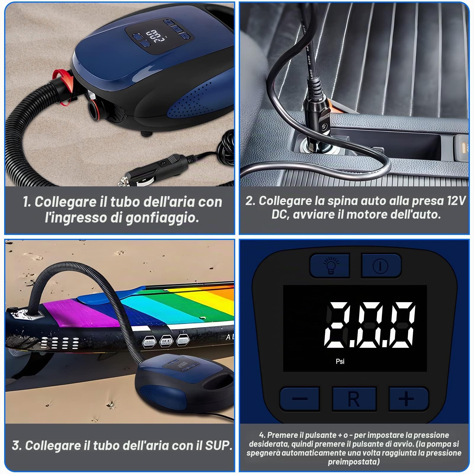 Pompa Elettrica SUP, 20PSI Alta Pressione Sup Portatile Air Pump 12v DC con Auto-Off/Gonfiaggio/Sgonfiaggio Doppio Stadio, per Kayak/Materasso/Ala Da Vento/Sport Acquatici