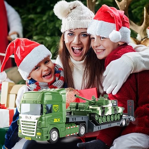 Miniatura 6 de Juguete de camión plano con tanque juguetes del ejército con tanque camiones de juguete semicanamente planos camiones de construcción para niños