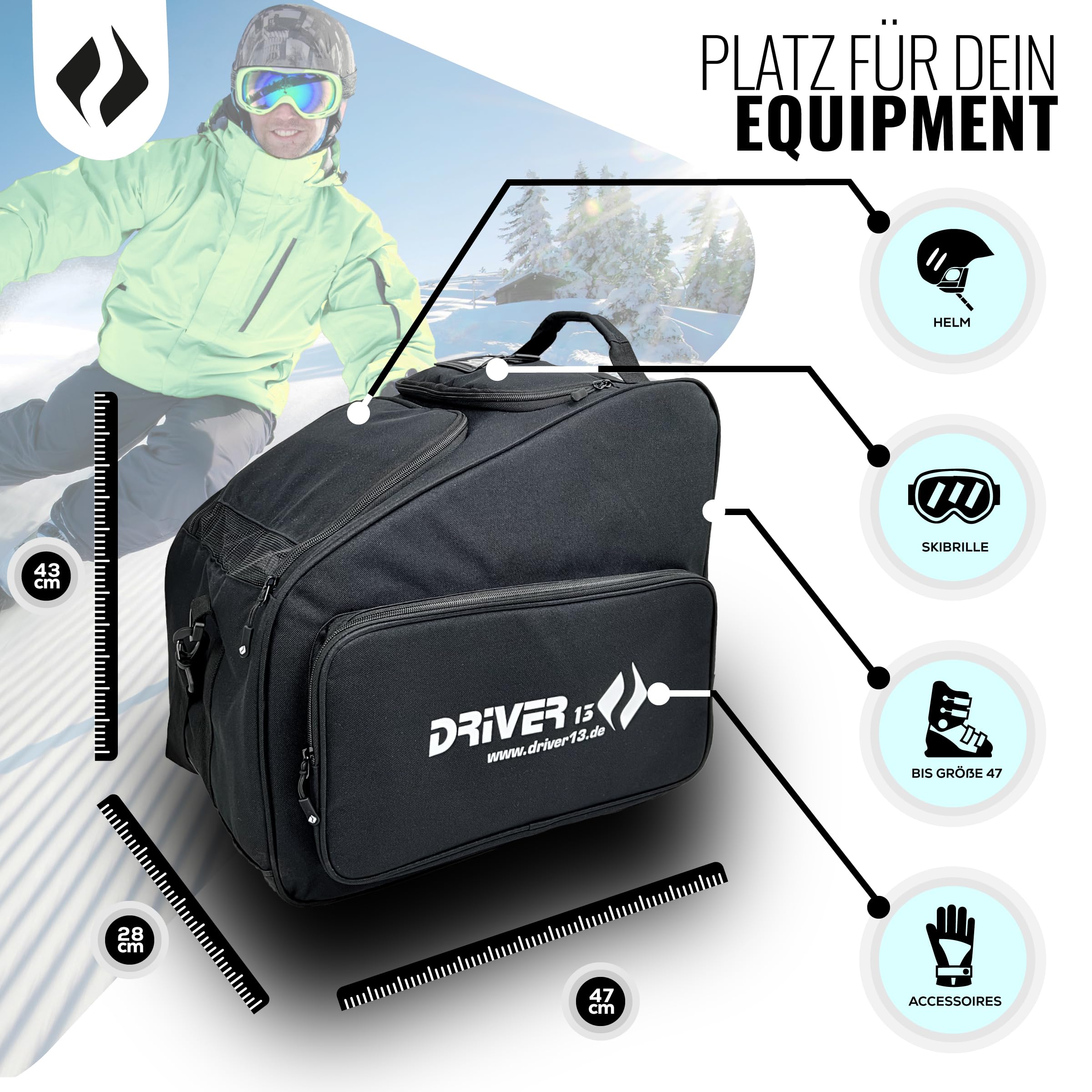 Driver13 Bolsa para Botas de esquí con Compartimento para Casco, Negro