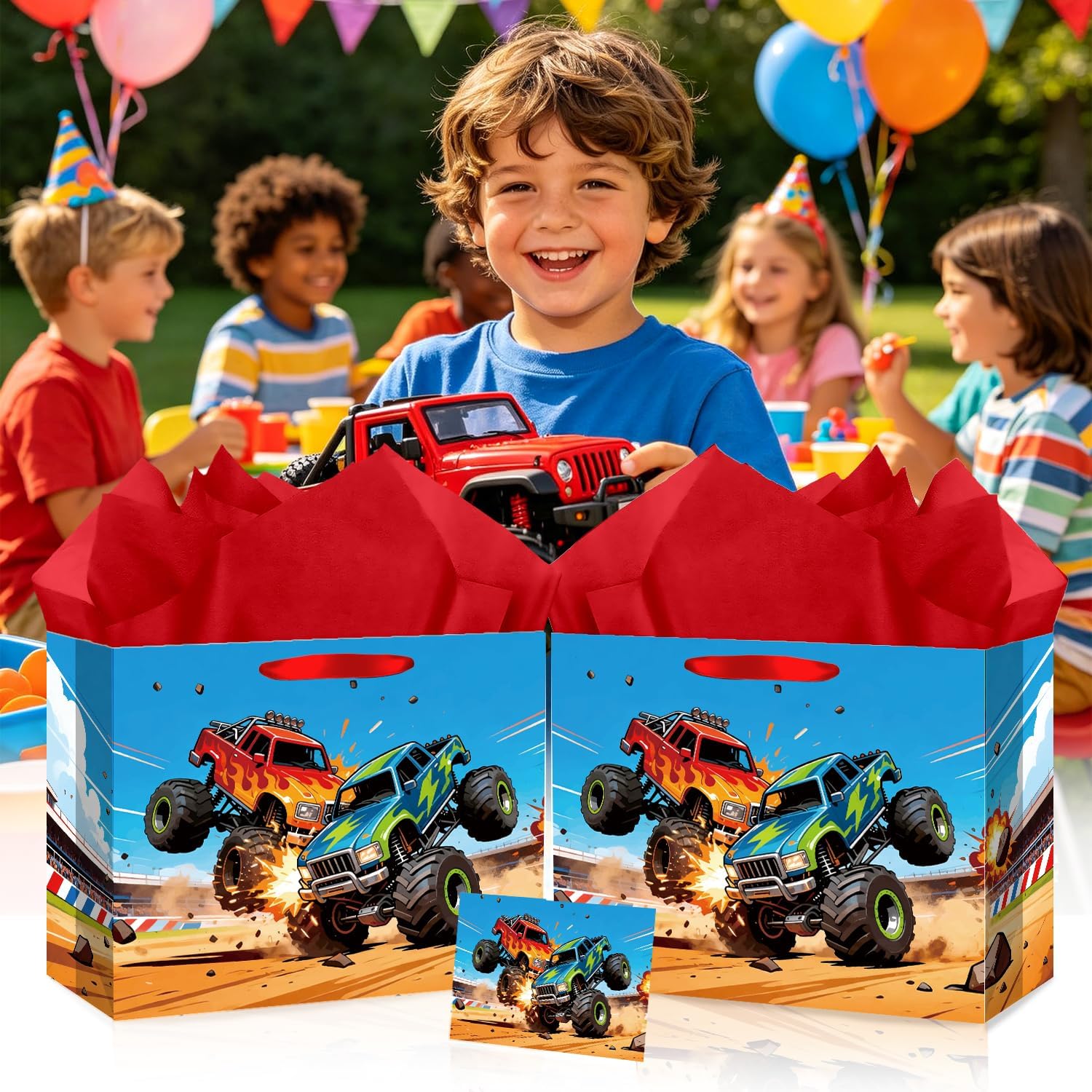 12" Crash Monster Truck Gift Bag, Happy Birthday Gift Bag with Tissue Papers and Greeting Card, Cars Themed Party Favors for Boys, Kids Birthday Party, Baby Shower, Newborn, New Moms or Parents, 11.8"×9.4"×5.3" -1Pcs image 4