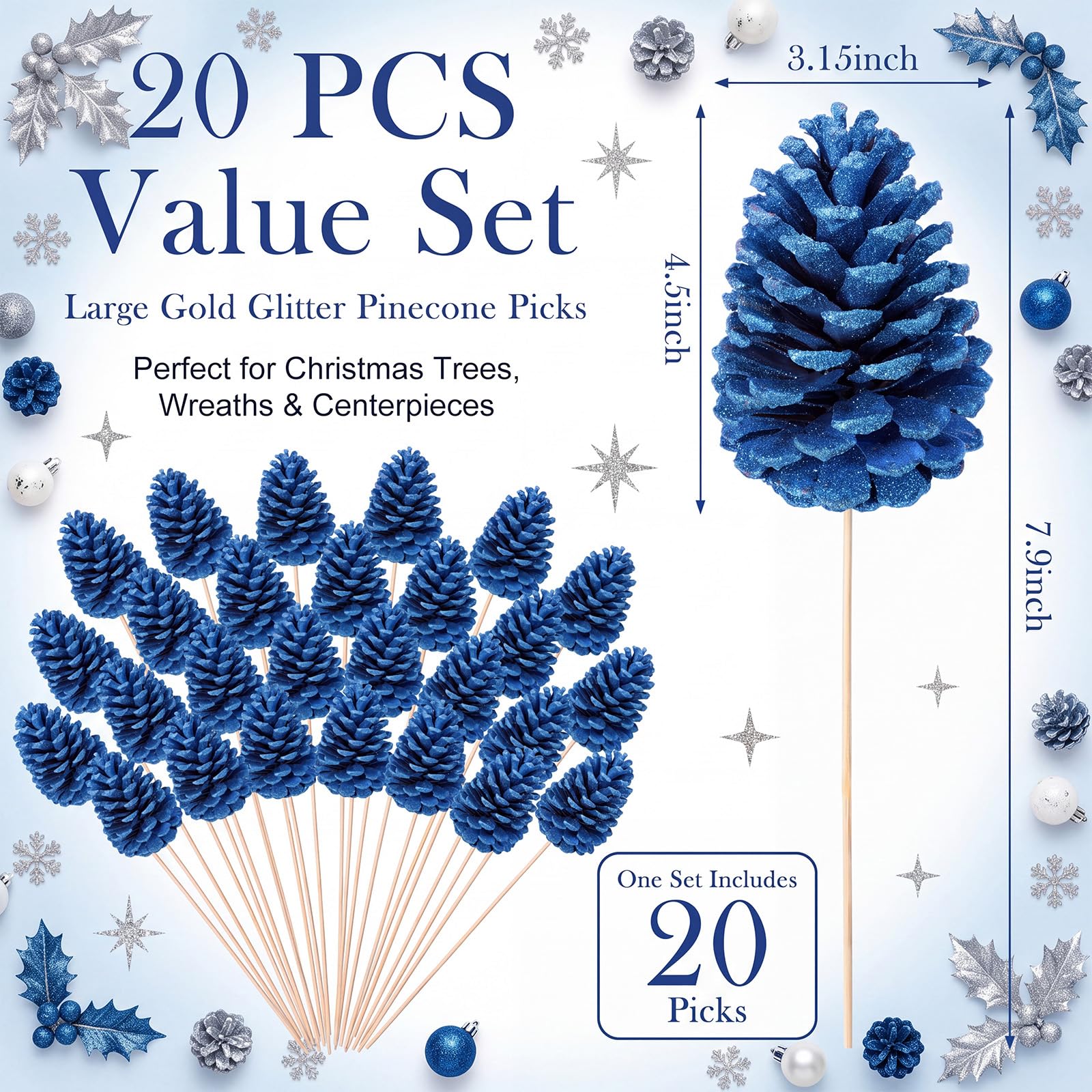 Thiccywoov Lot de 20 grandes pommes de pin artificielles à paillettes bleues de 20 cm, décoration pour sapin de Noël, couronne, guirlande, centres de table, cheminée, vacances d'hiver